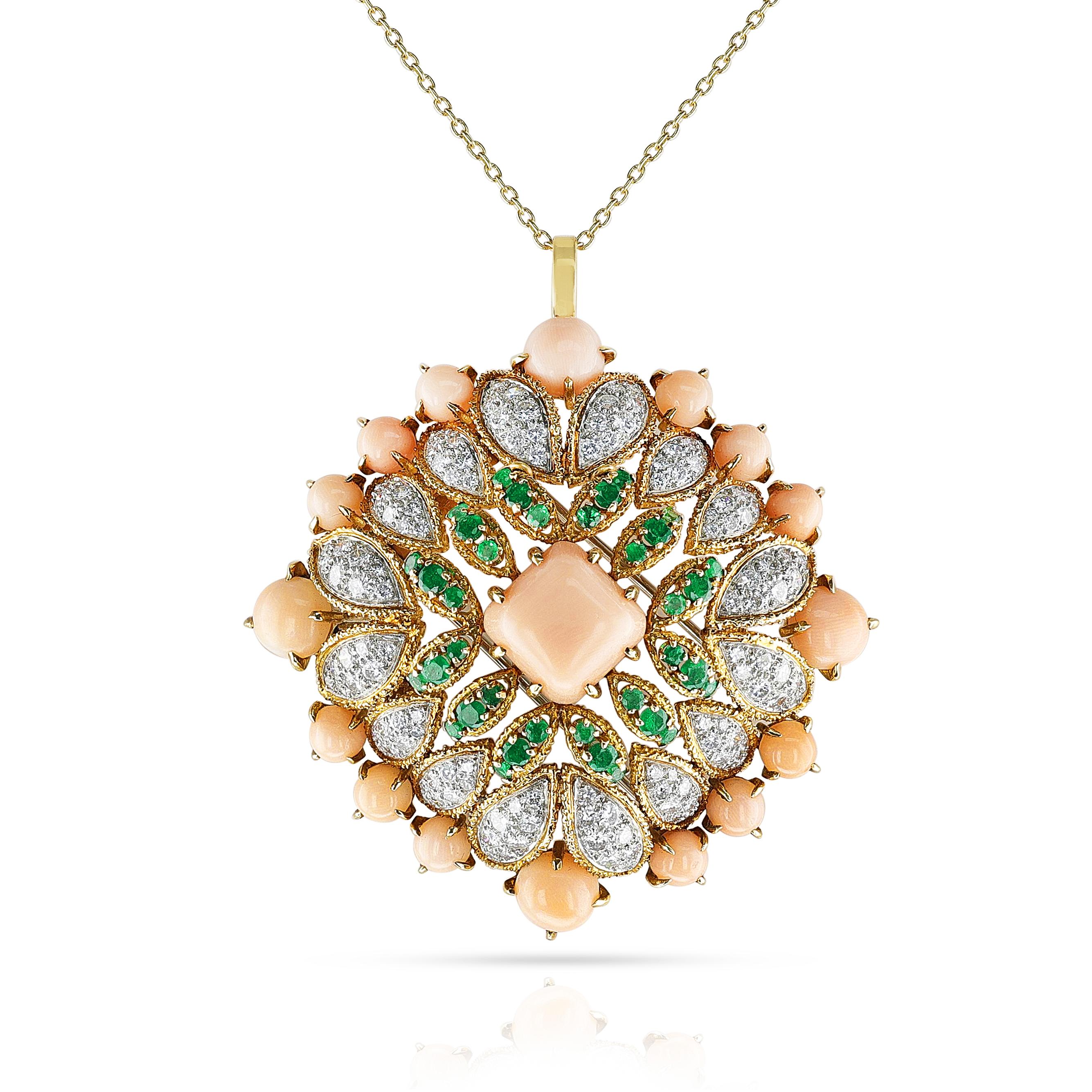 Women's or Men's Van Cleef & Arpels Péry et Fils Coral, Emerald and Diamond Pendant Brooch For Sale