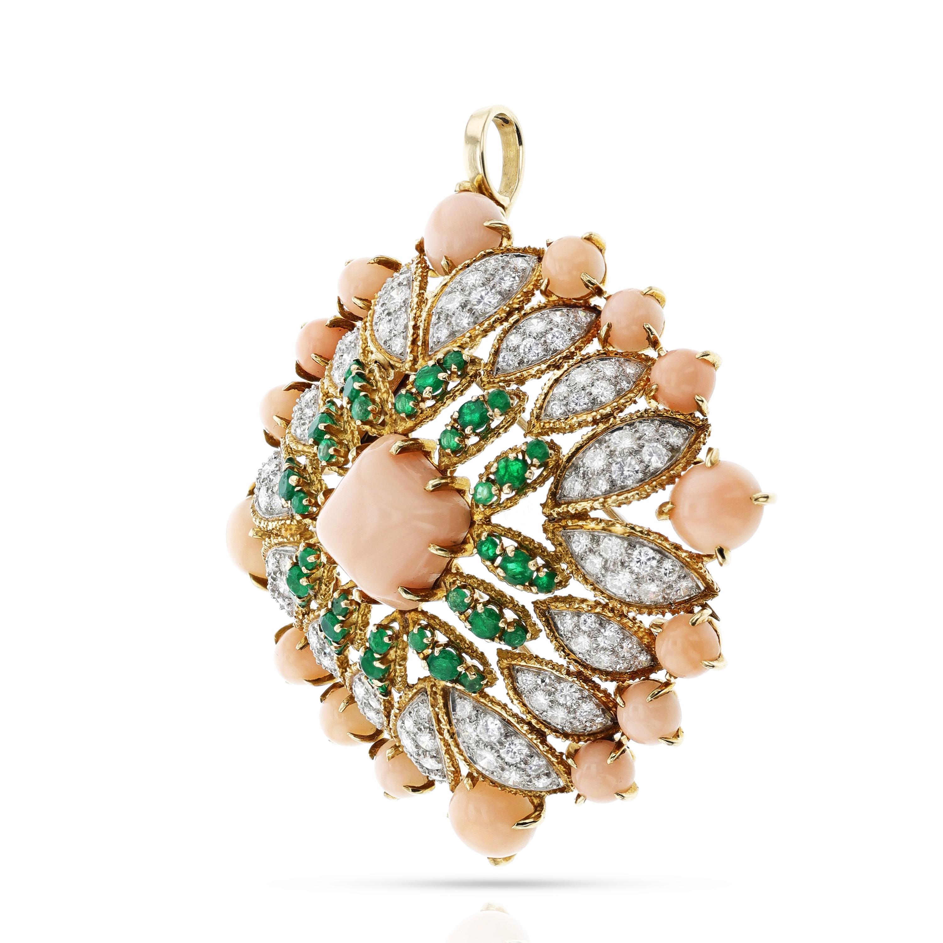 Van Cleef & Arpels Péry et Fils Coral, Emerald and Diamond Pendant Brooch For Sale 2