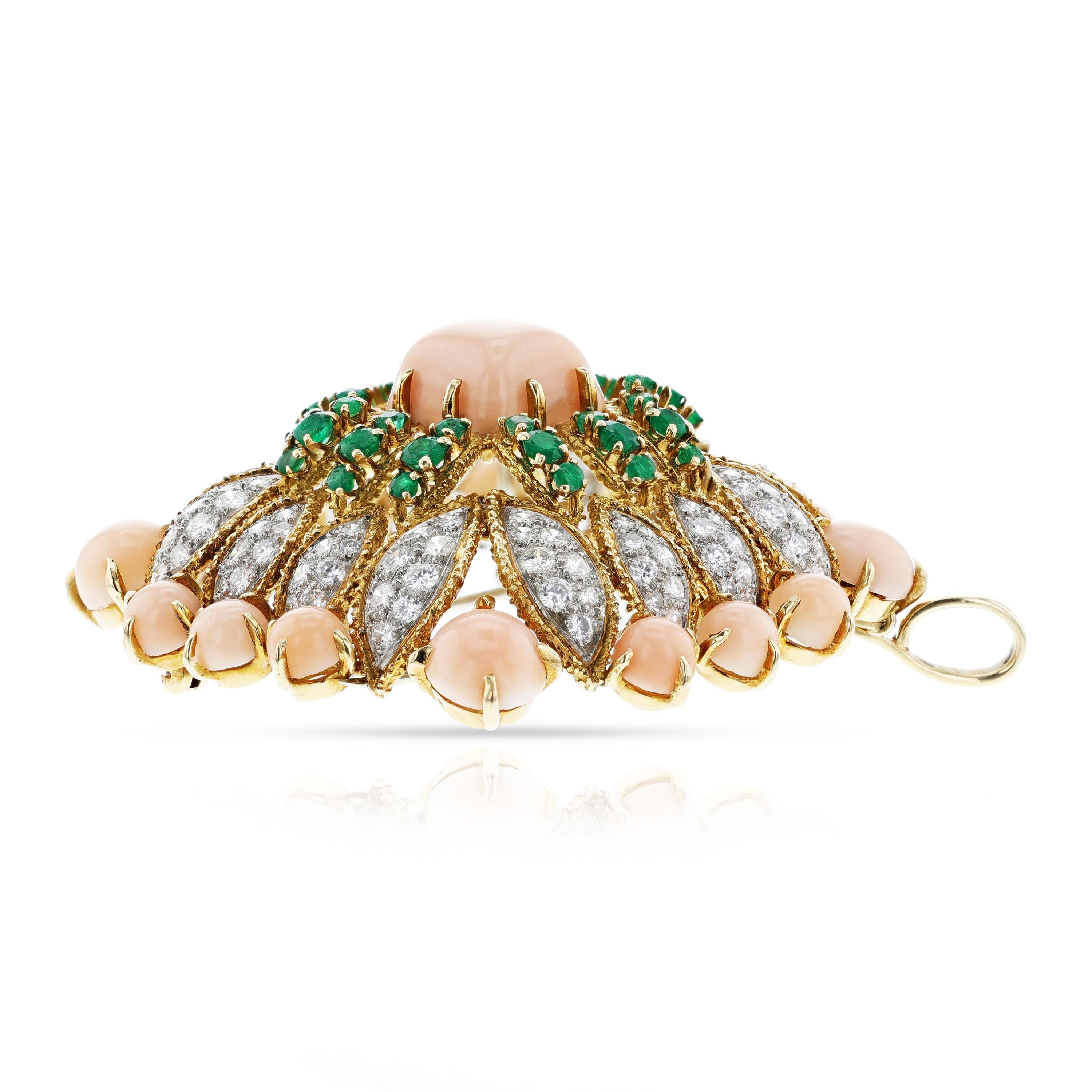 Van Cleef & Arpels Péry et Fils Coral, Emerald and Diamond Pendant Brooch For Sale 3
