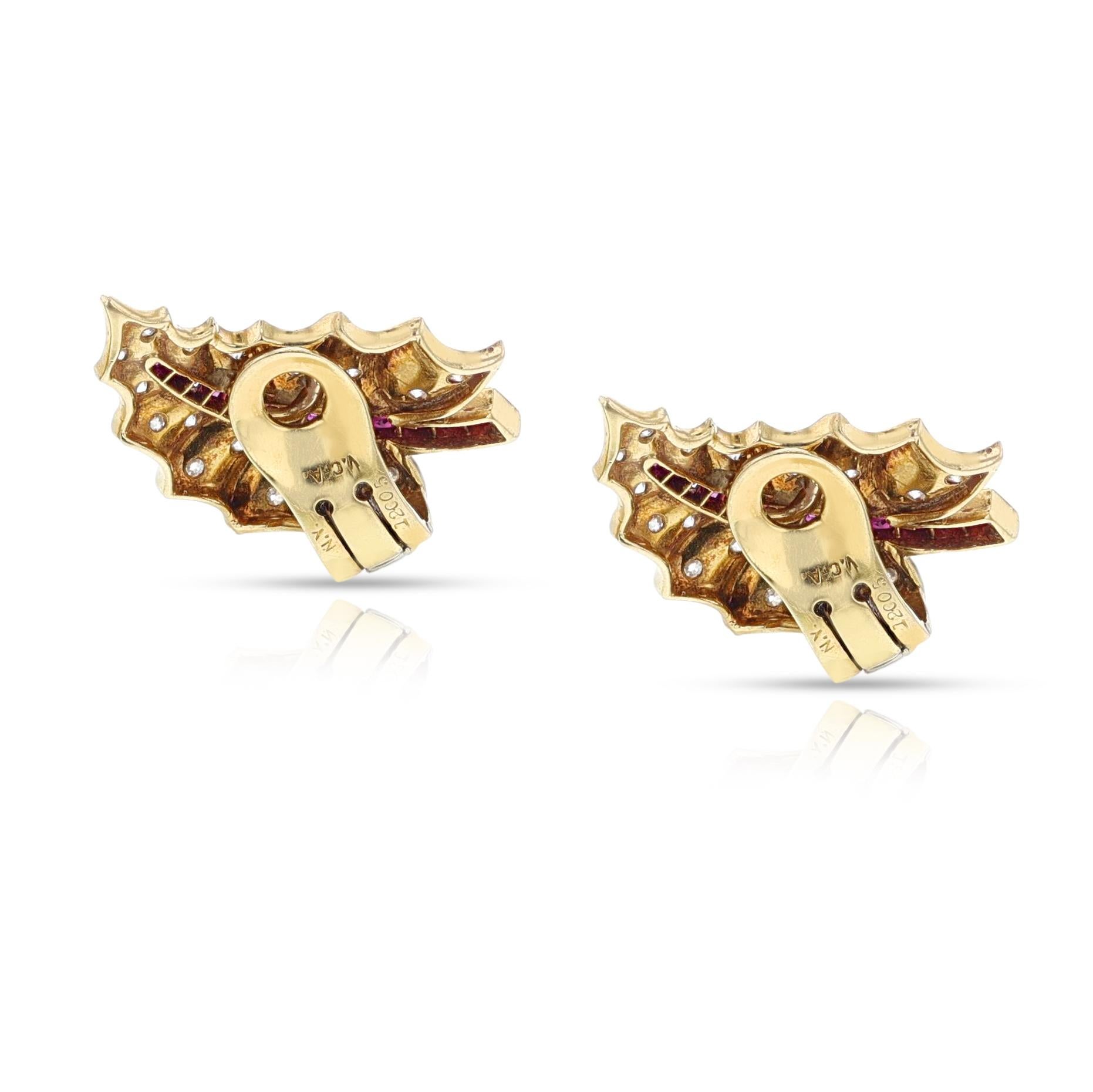 Mixed Cut Van Cleef & Arpels Pery et Fils Ruby and Diamond Leaf Earrings, 18k