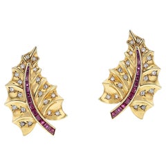 Van Cleef & Arpels Pery et Fils Ruby and Diamond Leaf Earrings, 18k