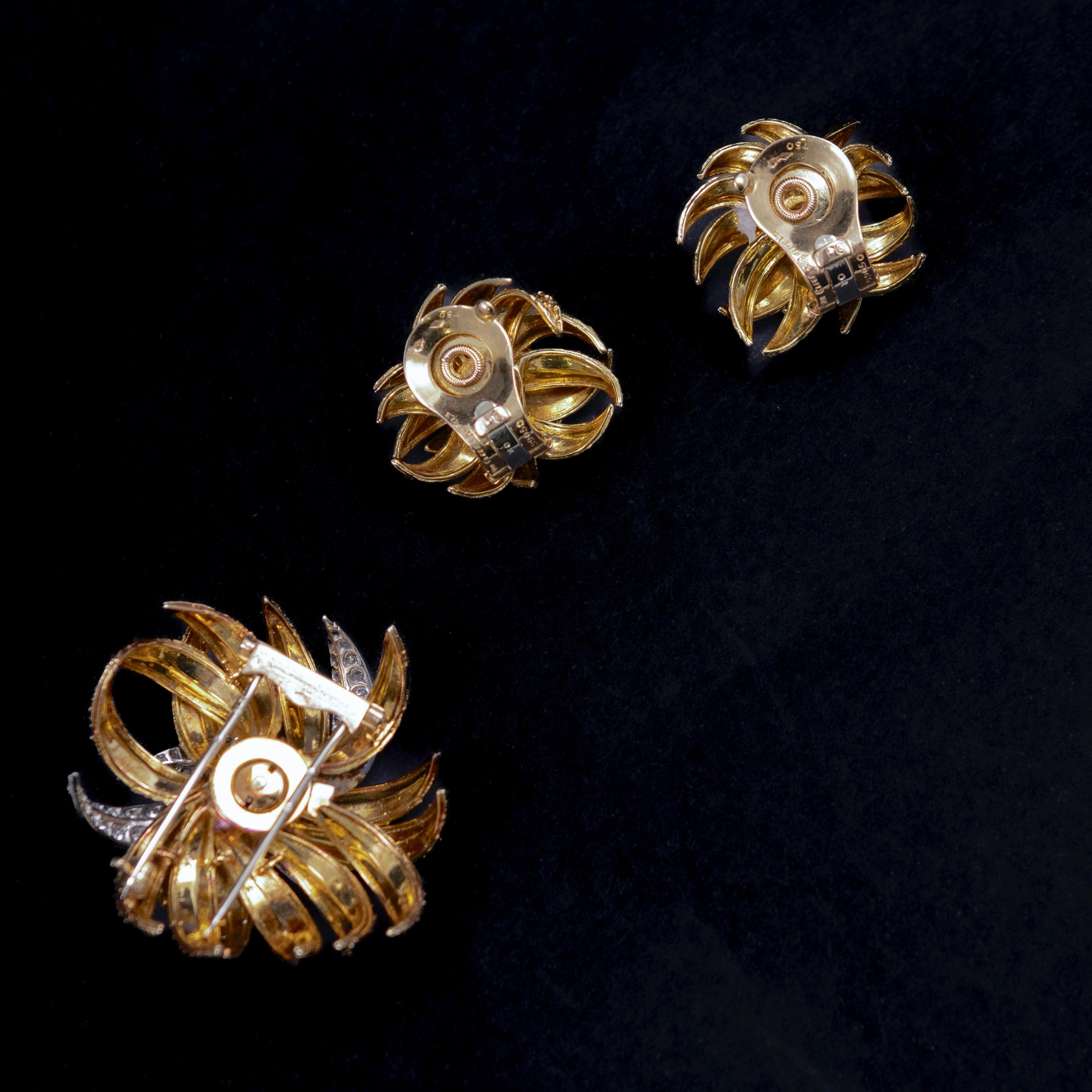 Van Cleef & Arpels Pery & Fils VCA Boucles d'oreilles diamants Broche parure florale Or 1960s en vente 1
