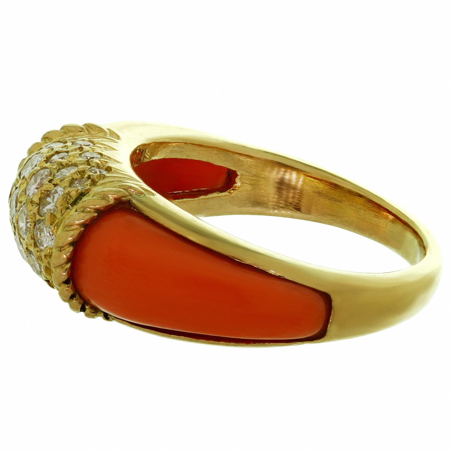 Van Cleef & Arpels Philippine Diamond Pink Coral 18 Karat Yellow Gold Ring In Excellent Condition In New York, NY