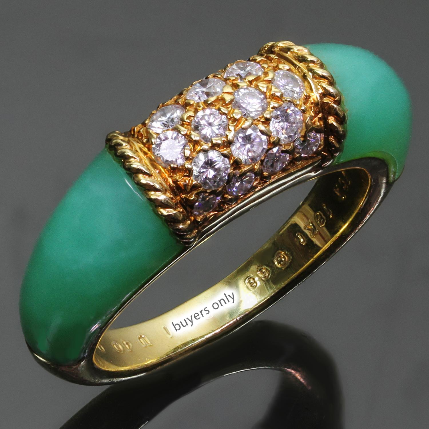 This rare vintage Van Cleef & Arpels ring from the gorgeous Philippines collection is crafted in 18k yellow gold and set with green chalcedony sidestones and brilliant-cut round E-F-G  VVS1-VVS2 diamonds weighing an estimated 0.50 carats. Made in