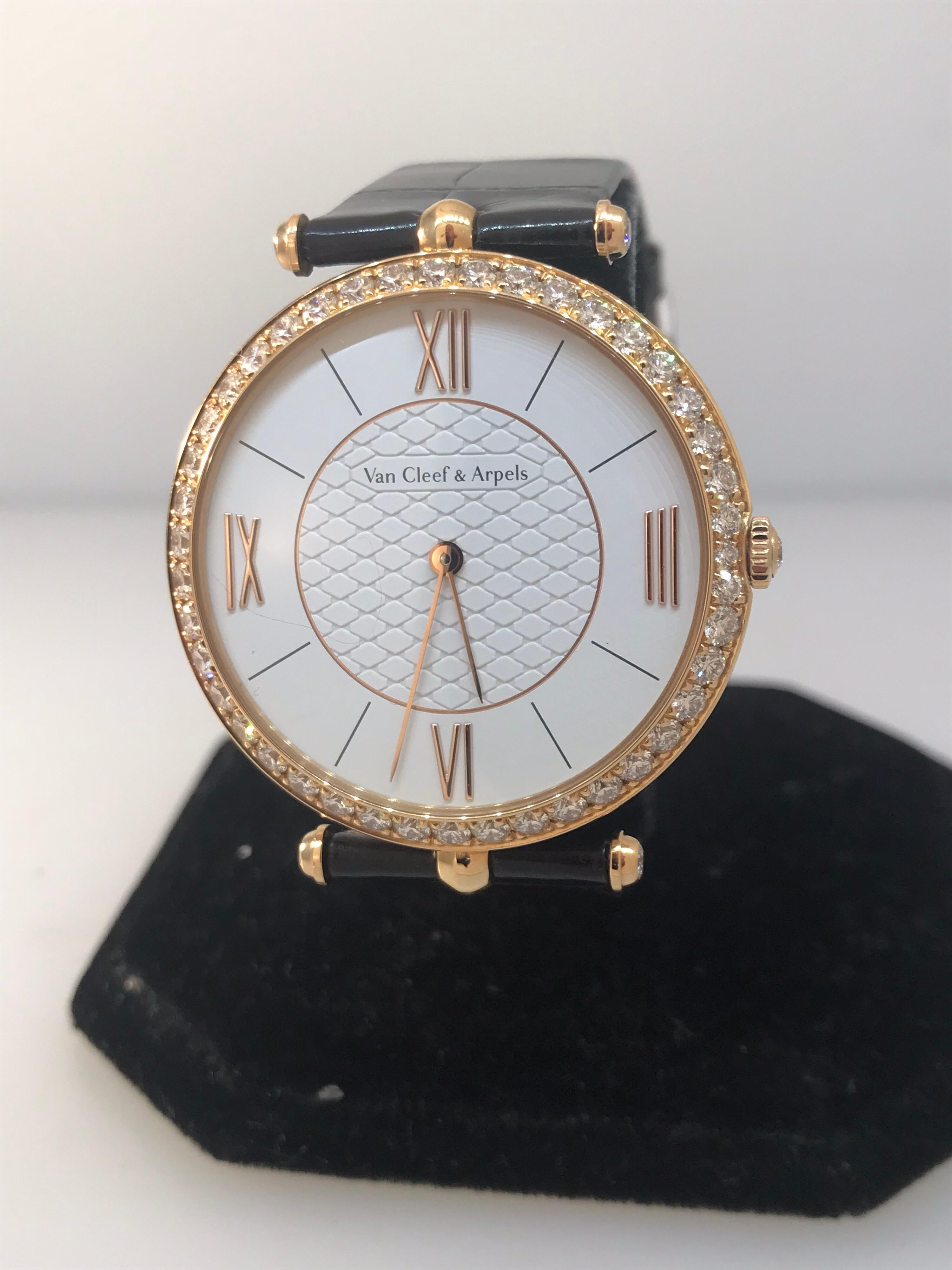 Van Cleef & Arpels Pierre Arpels Rose Gold Diamond Bezel Watch VCARO3GL00 In Excellent Condition For Sale In New York, NY