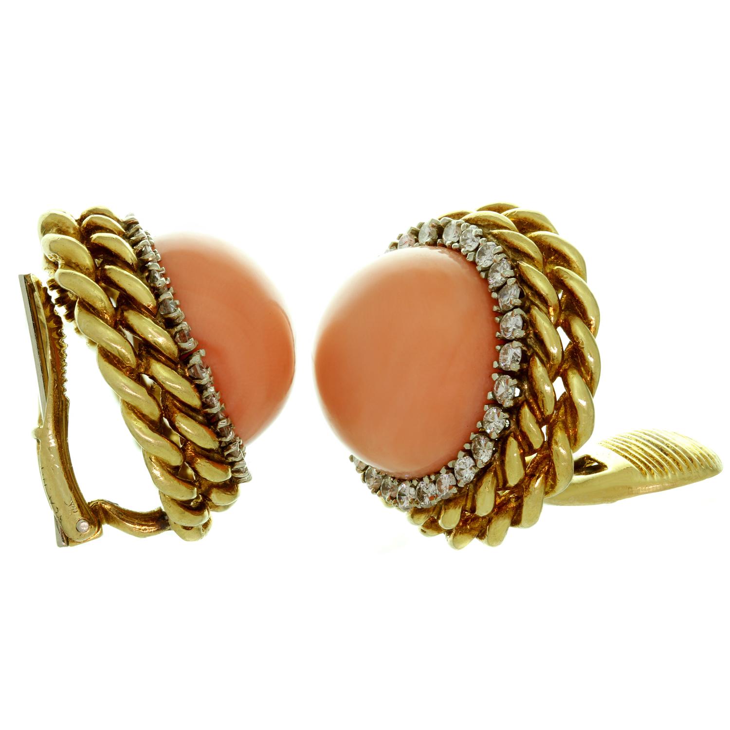 Van Cleef & Arpels Pink Coral Diamond Yellow Gold Clip-On Earrings In Good Condition In New York, NY