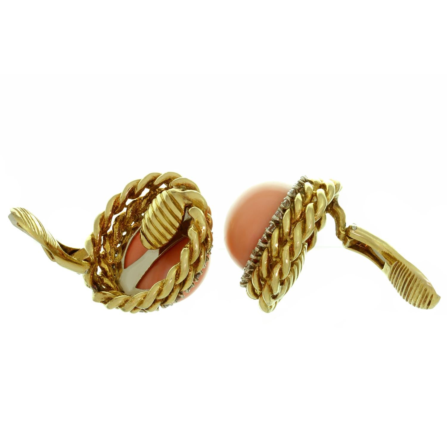 Van Cleef & Arpels Pink Coral Diamond Yellow Gold Clip-On Earrings 1