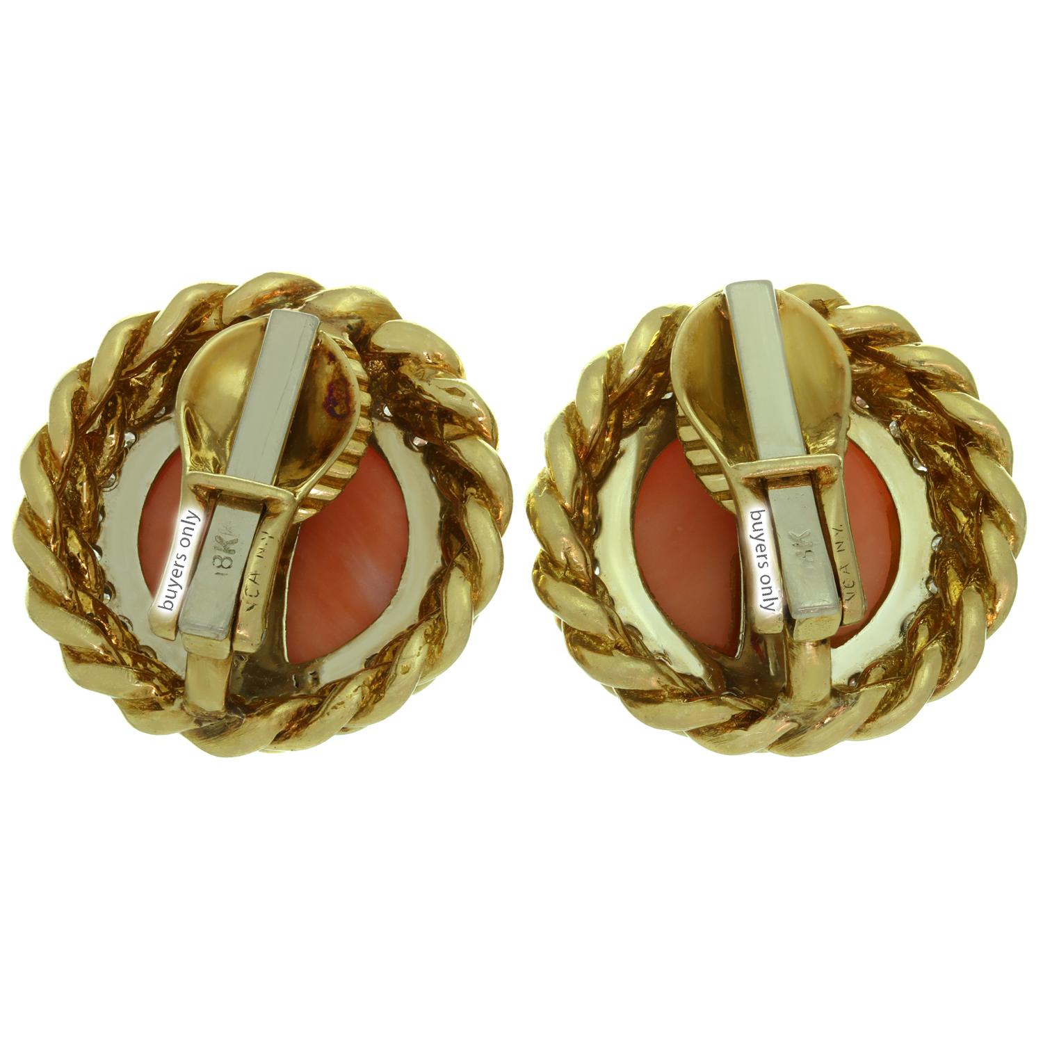 Van Cleef & Arpels Pink Coral Diamond Yellow Gold Clip-On Earrings 2