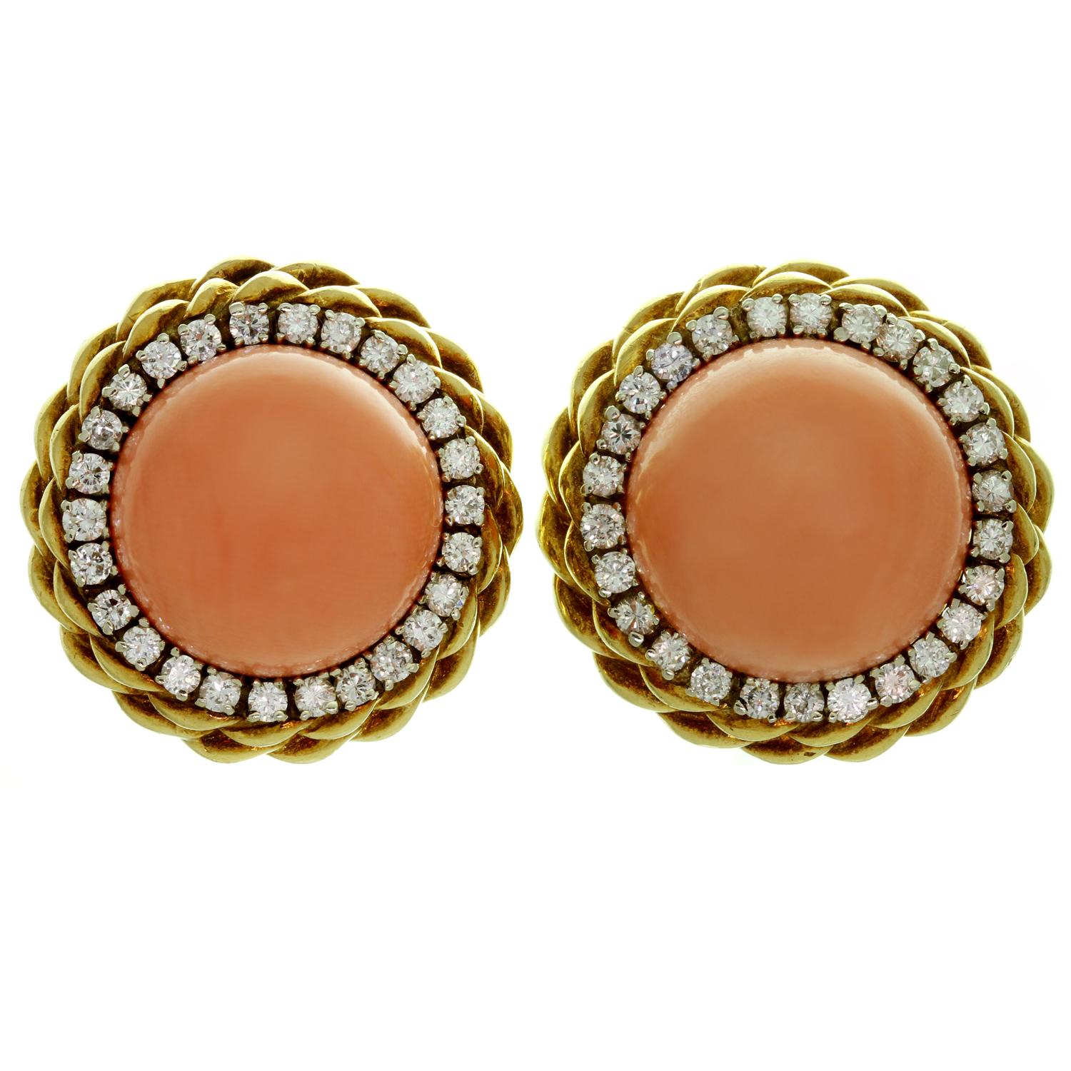 Van Cleef & Arpels Pink Coral Diamond Yellow Gold Clip-On Earrings