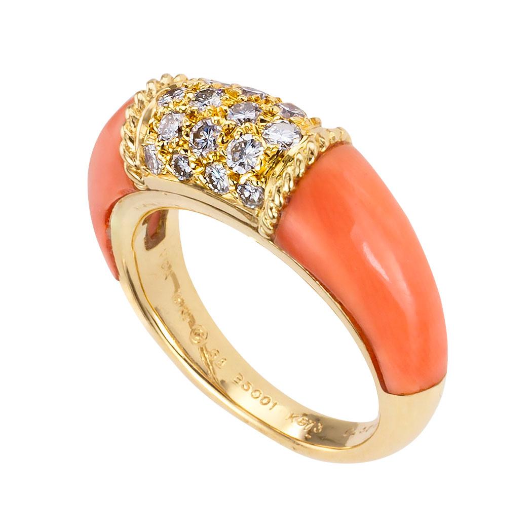 Van Cleef & Arpels diamond pink coral and yellow gold ring circa 1980.  Love it because it caught your eye, and we are here to connect you with beautiful and affordable jewelry.  Celebrate Yourself!  Simple and concise information you want to know