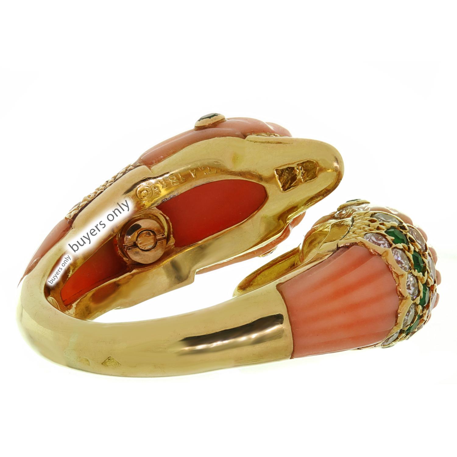 VAN CLEEF & ARPELS Pink Coral Emerald Diamond Bypass Dolphins Ring 54 2
