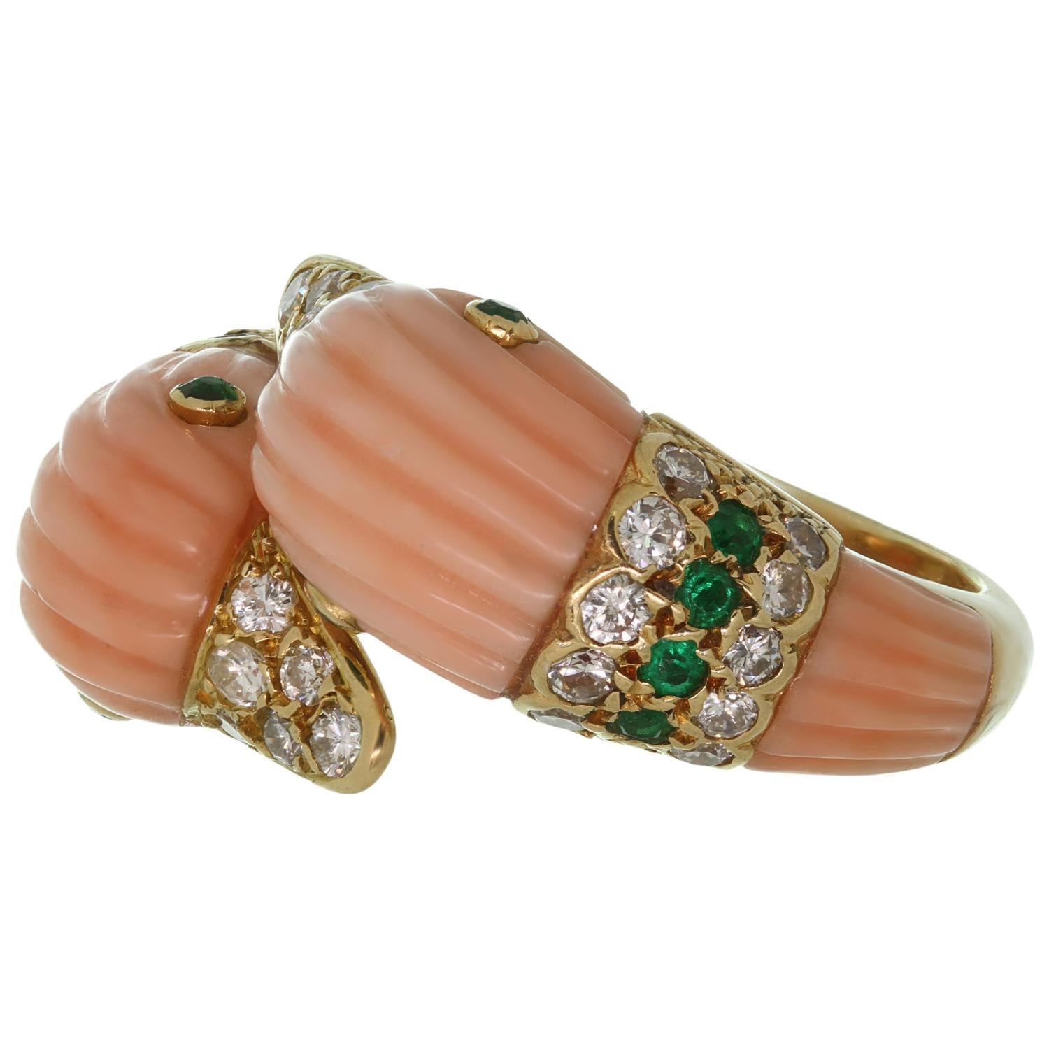 Women's VAN CLEEF & ARPELS Pink Coral Emerald Diamond YG Bypass Dolphins Ring. Sz.54