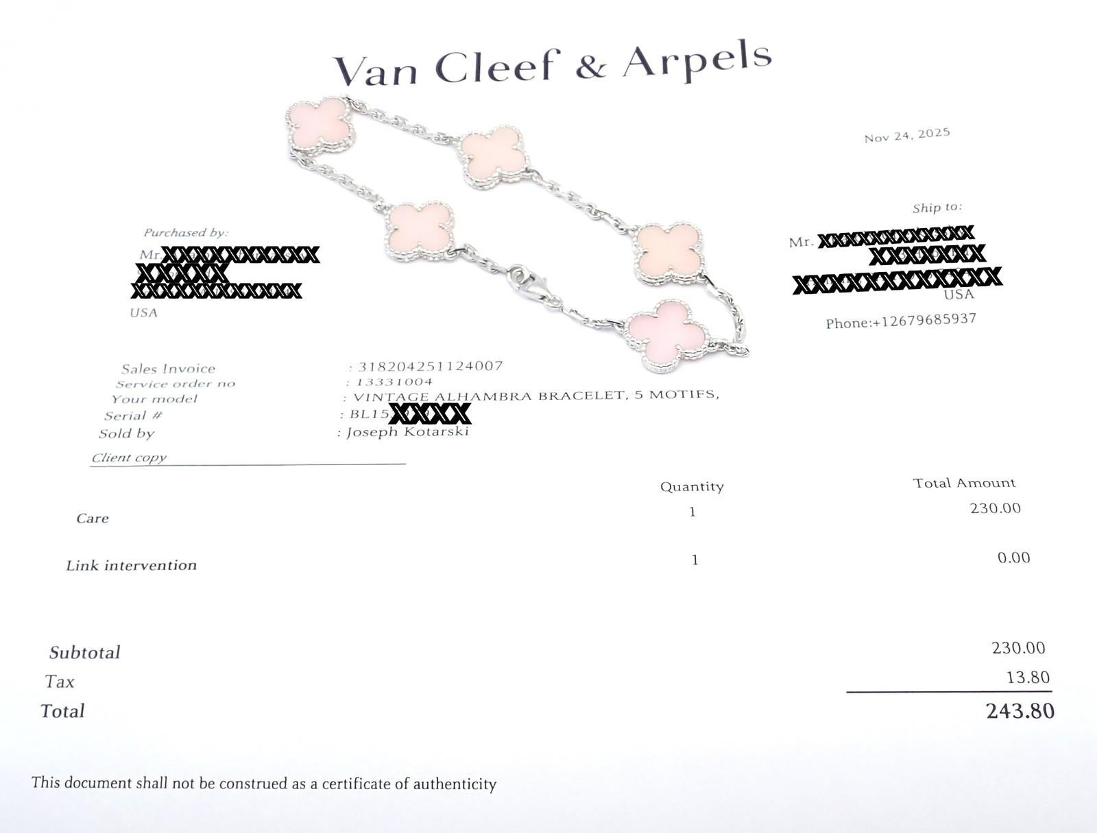 Van Cleef & Arpels Opale rose Vintage Alhambra Five Motif Bracelet en or blanc en vente 4