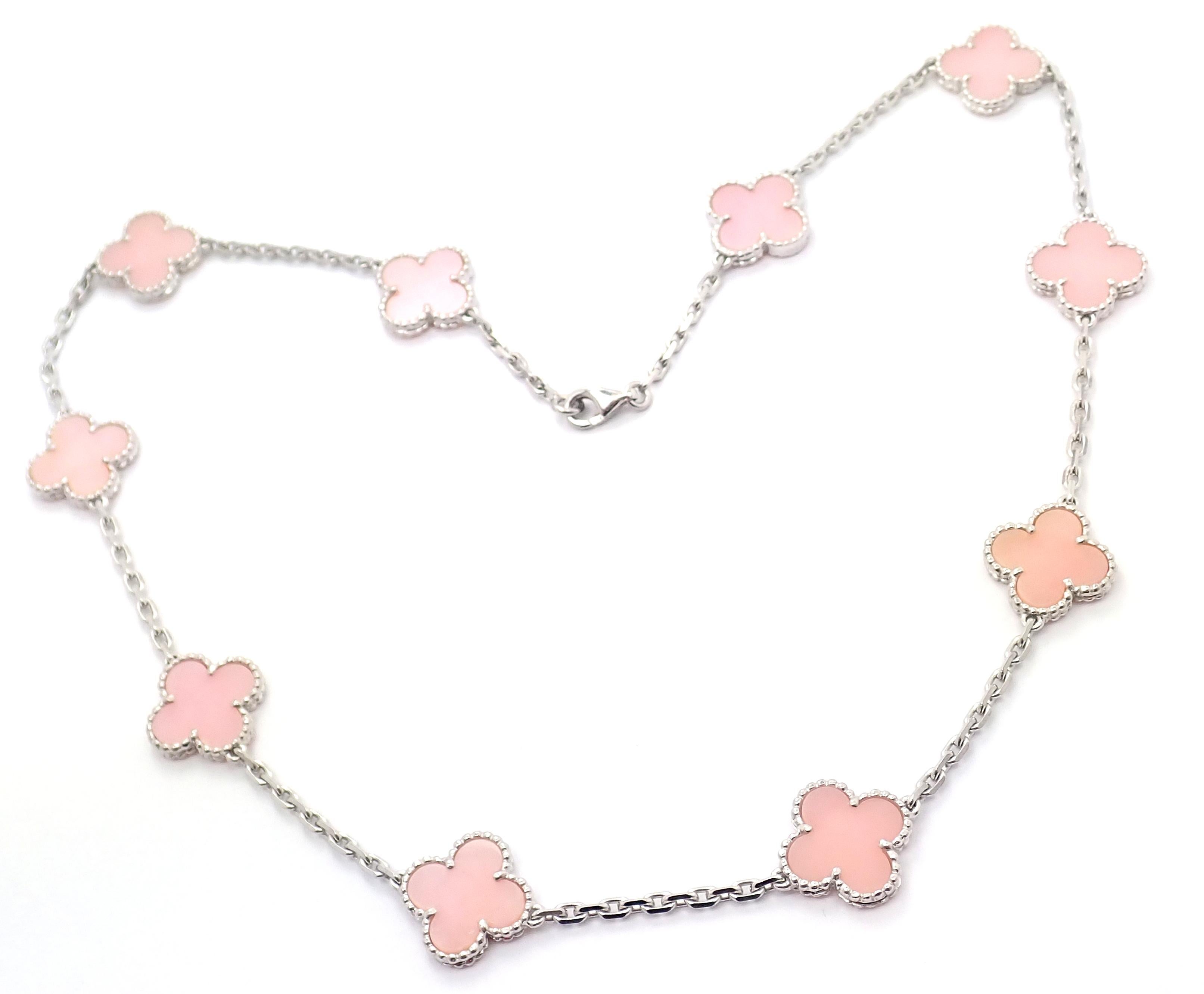 18k White Gold 10-Motif Pink Opal Vintage Alhambra Necklace by Van Cleef & Arples. 
With 10 pink opal alhambra stones 15mm each
This necklace comes with a VCA box and a service paper from a VCA store.
Details: 
Weight: 23.6 grams
Length: