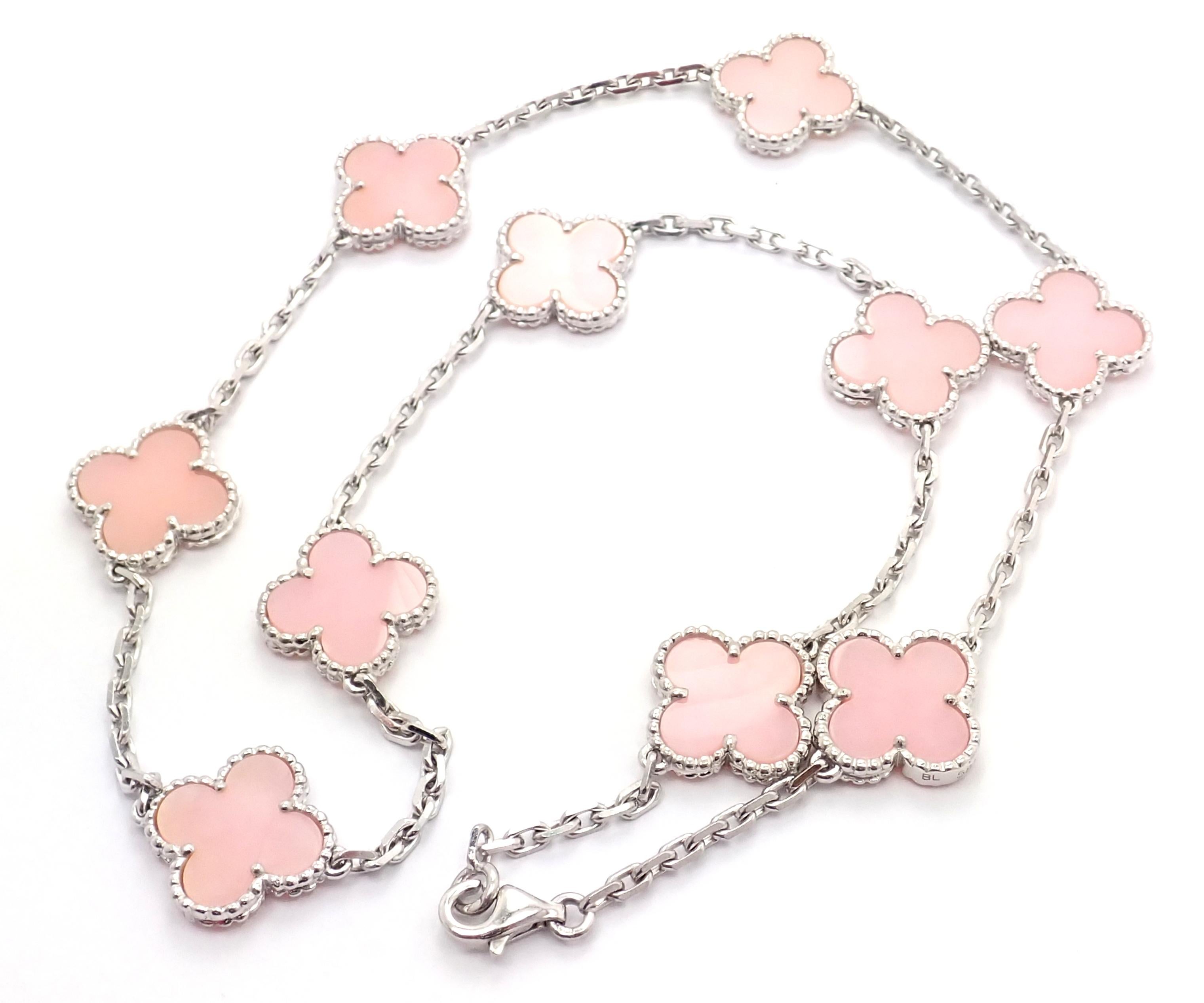 Van Cleef & Arpels Pink Opal Vintage Alhambra Ten Motif White Gold Necklace In Excellent Condition In Holland, PA