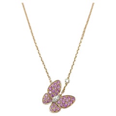 Van Cleef & Arpels Pink Sapphire Diamond De Papillon Two Butterfly Gold Necklace