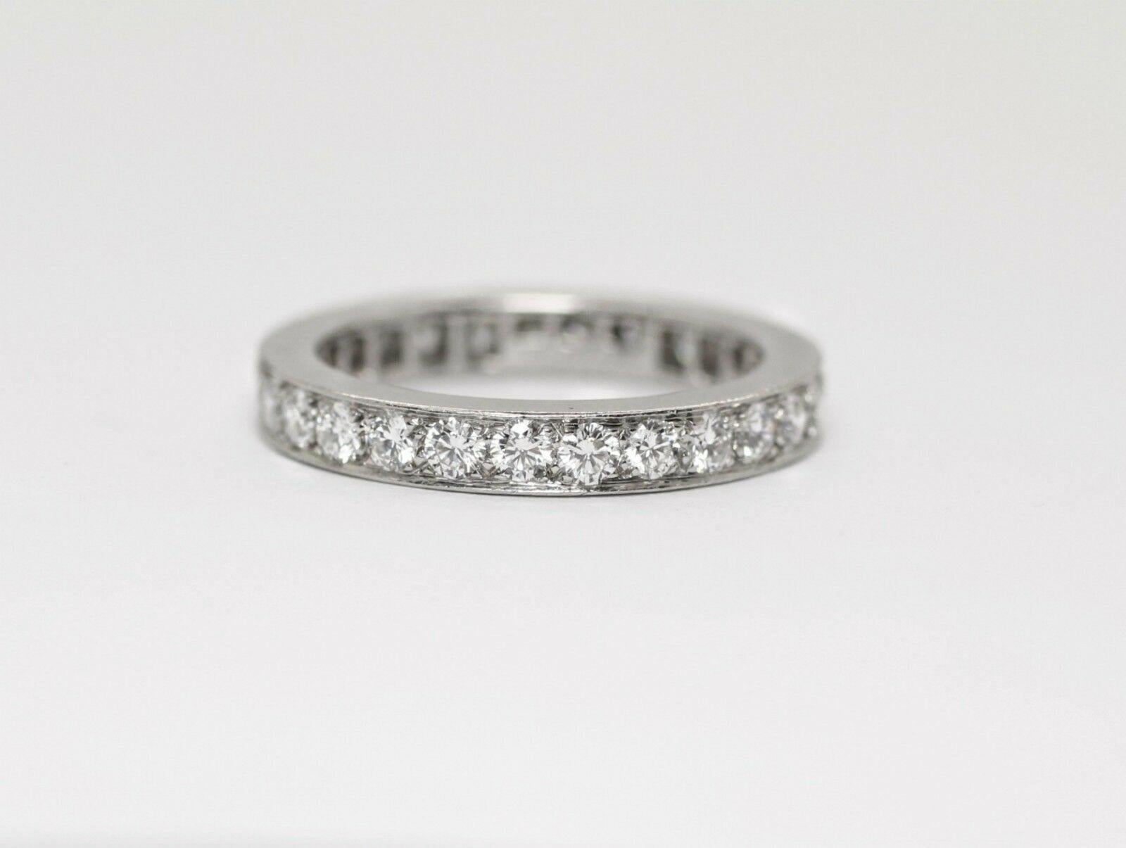 
             This is a pre-owned Van Cleef & Arpels Eternity Wedding Band from their Romance Ring Collection, and with an estimated retail value of $9,000.00 . This eternity is beautifully crafted with near-colorless diamonds set in 4 prongs around