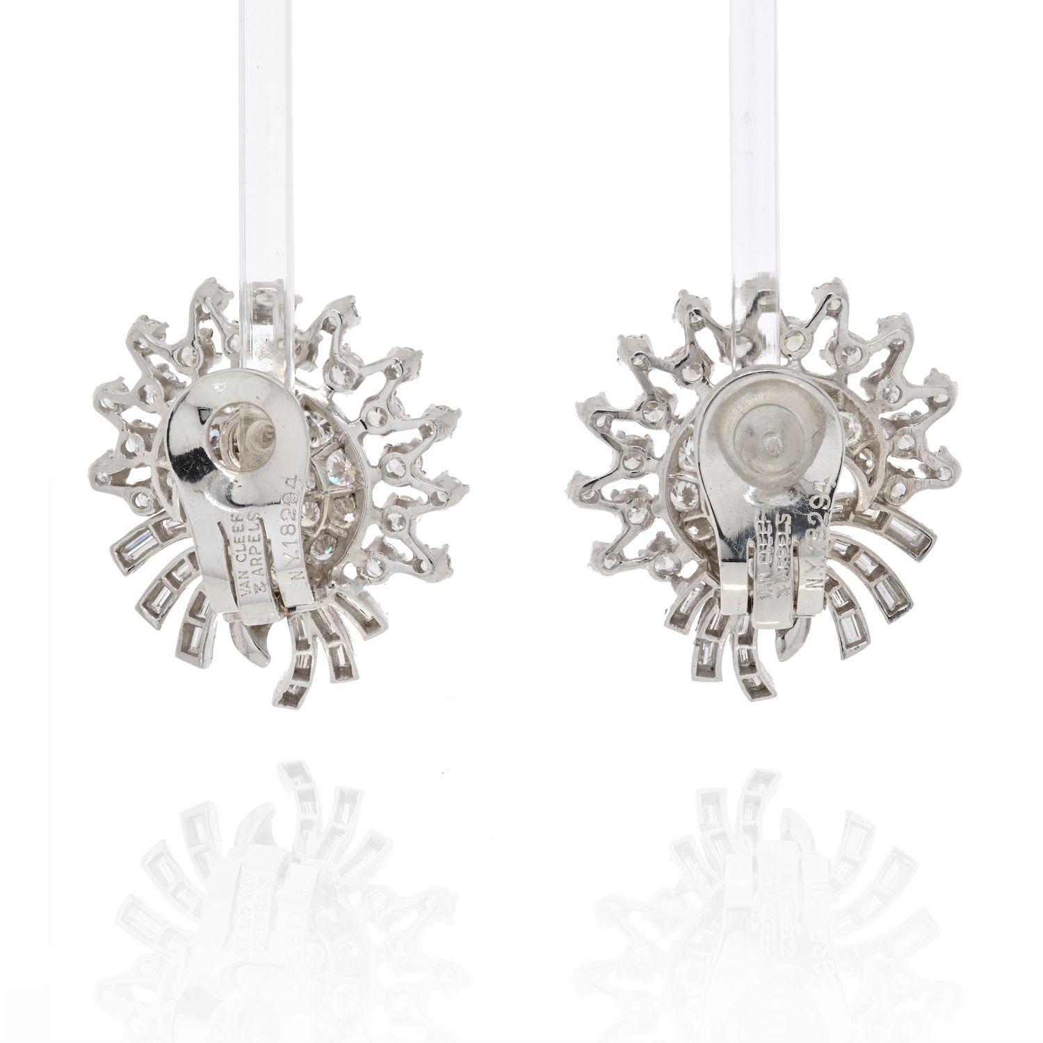 Beautiful Van Cleef & Arpels Platinum 1940's Diamond Fan Earrings. Crafted with brilliant shimmering round cut and baguette-cut diamonds of highest quality. It is a beautiful pair of Van Cleef & Arpels earrings that are sure to steal the show. We