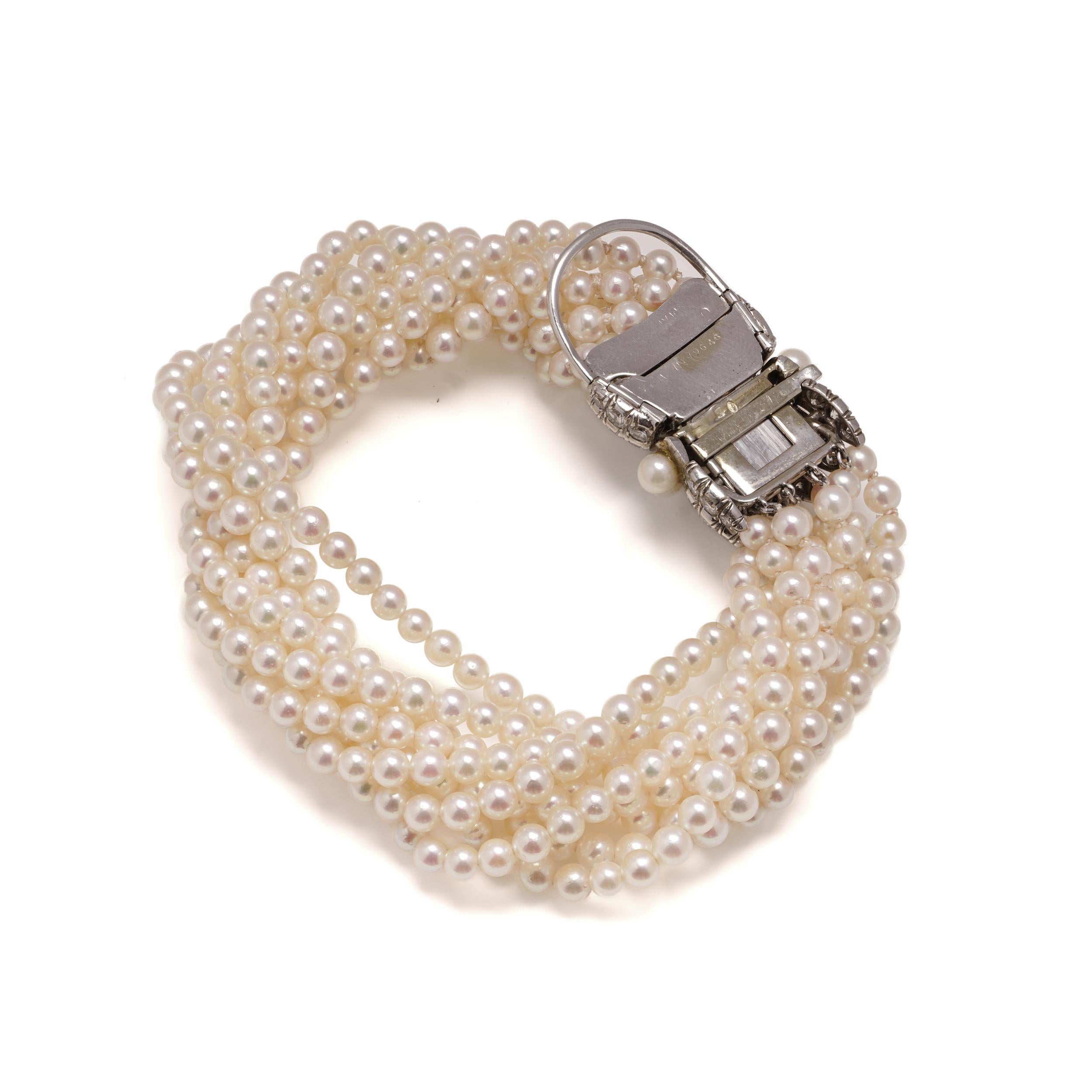 Van Cleef & Arpels Platinum and Diamond Bow Clasp Pearl Bracelet For Sale 1
