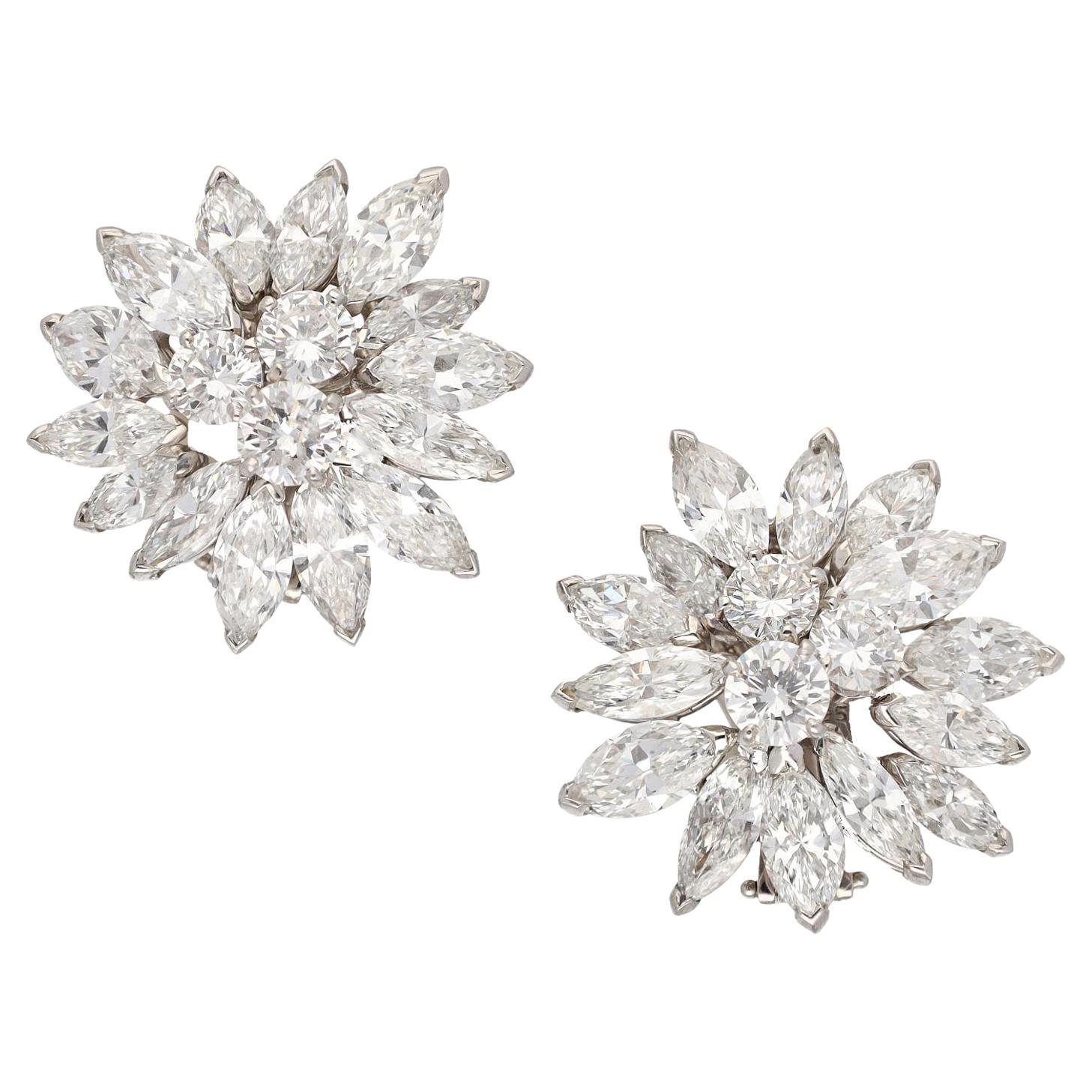 VAN CLEEF & ARPELS Platinum and Diamond Cluster Ear Clips For Sale