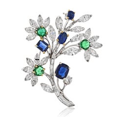 Van Cleef & Arpels Platinum Bouquet Diamond, Sapphire and Emerald Brooch