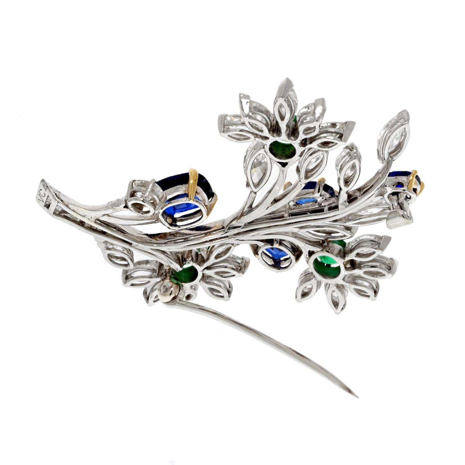 Modern Van Cleef & Arpels Platinum Bouquet Diamond, Sapphire and Emerald Brooch