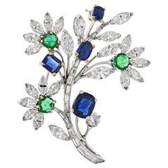 Van Cleef & Arpels Platinum Bouquet Diamond, Sapphire and Emerald Brooch