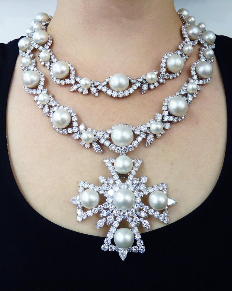 Van Cleef and Arpels Platinum Diamond and Pearl Cross Necklace For Sale