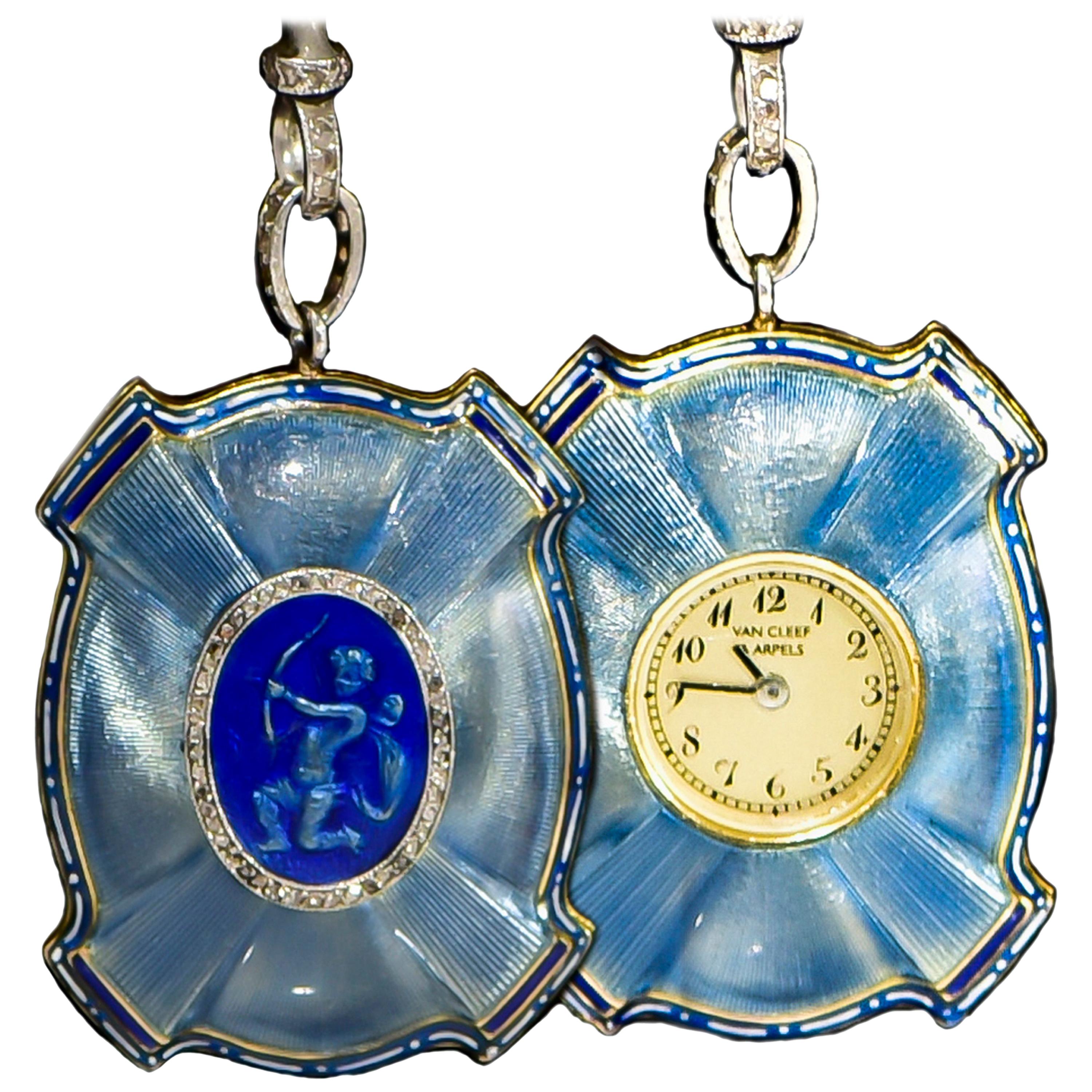Van Cleef & Arpels Platinum Diamond Enamel Cameo Necklace Pendant Watch, 1910  For Sale