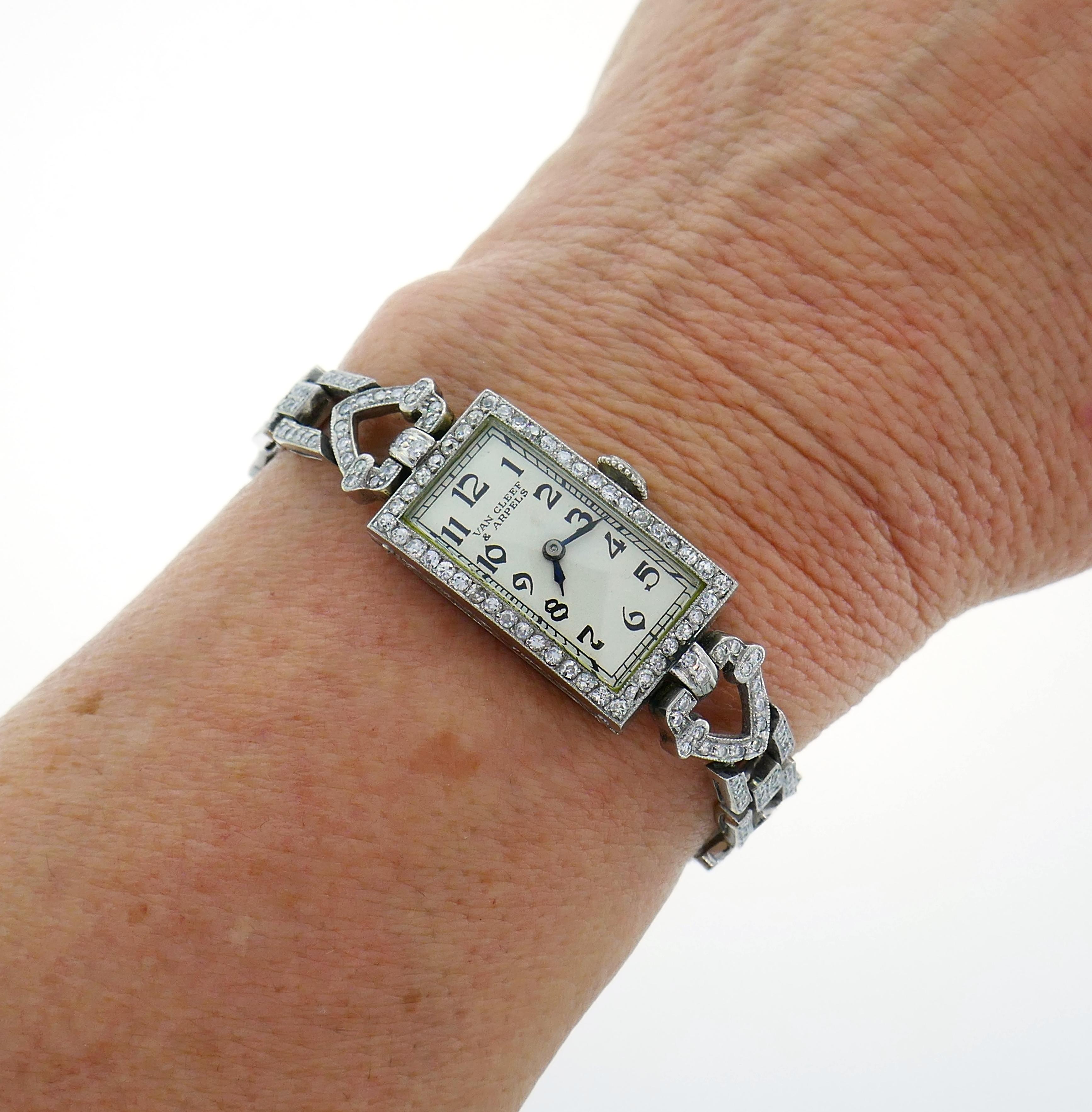 Beautiful lady's platinum and diamond Art Deco bracelet watch, created by  Van Cleef & Arpels in circa 1930s. With classic tank case, this elegant and timeless jeweled timepiece is a great addition to your jewelry collection. 
The watch is made of