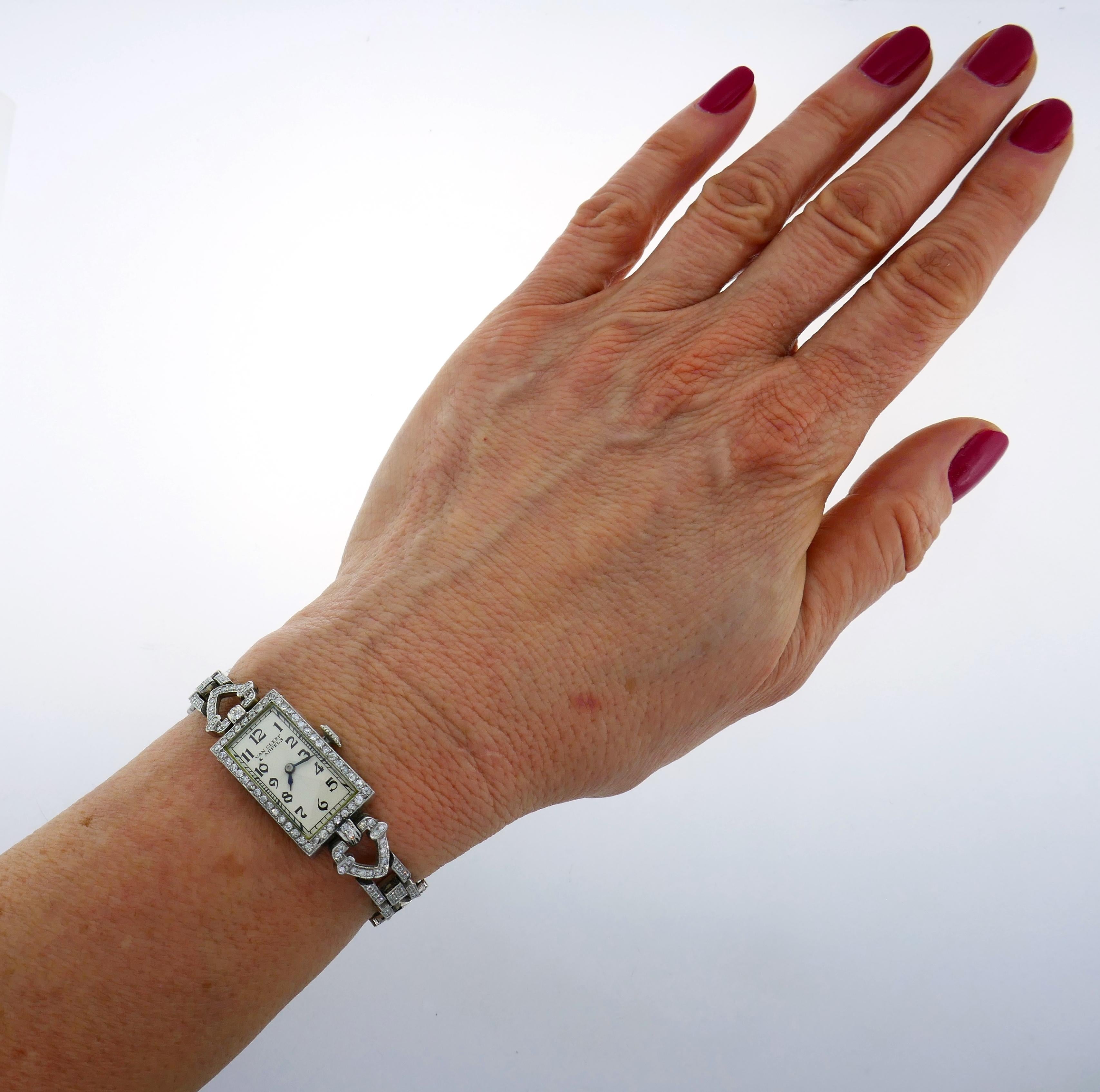 Women's Van Cleef & Arpels Platinum Diamond Watch Bracelet Art Deco Ladies