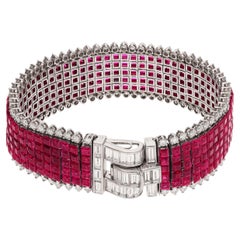 VAN CLEEF & ARPELS Platinum Mystery Set 5-Row Ruby And 2-Row Diamond Bracelet
