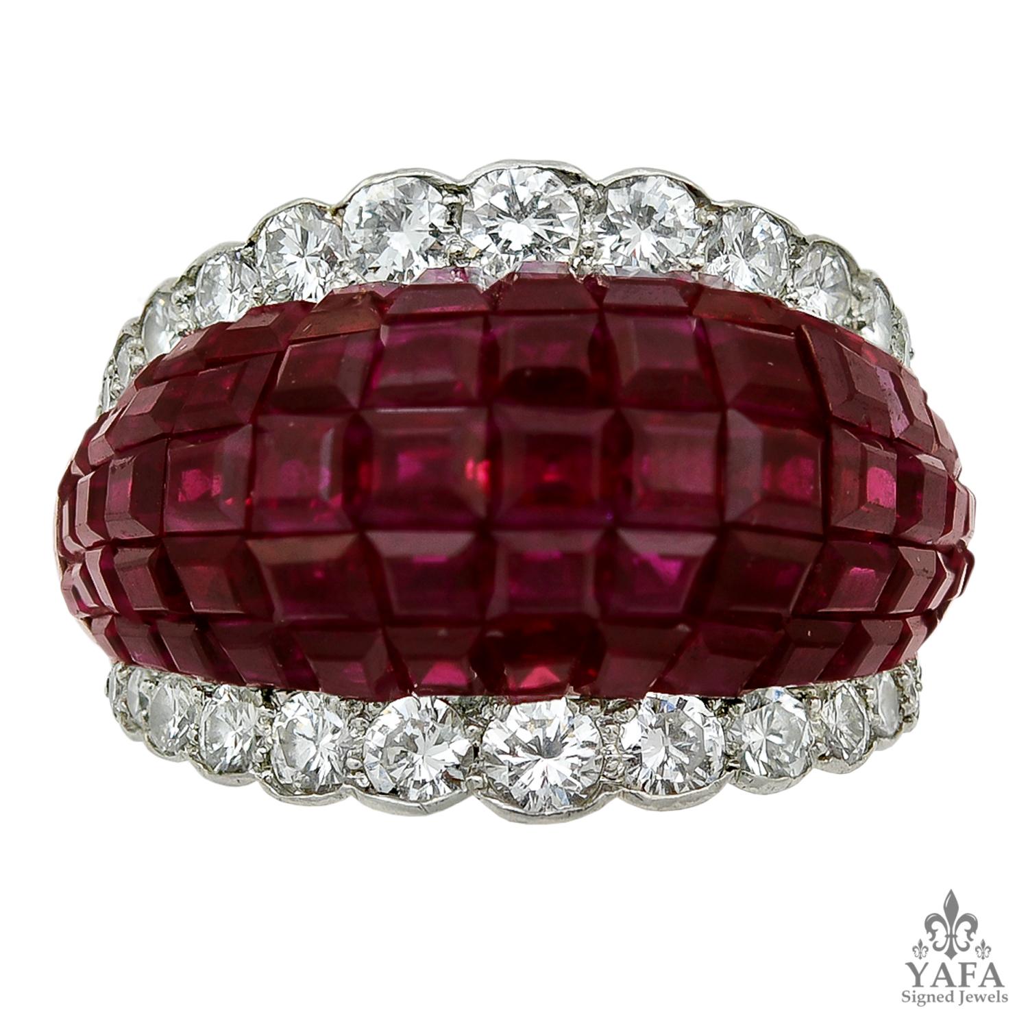 VAN CLEEF & ARPELS Vintage  Mystery-Set Ruby Platinum Dome Ring
Original Platinum mystery-set dome ring, set with ruby and brilliant-cut diamonds.
ring size- 5.75
signed “Van Cleef & Arpels“; circa 1960s