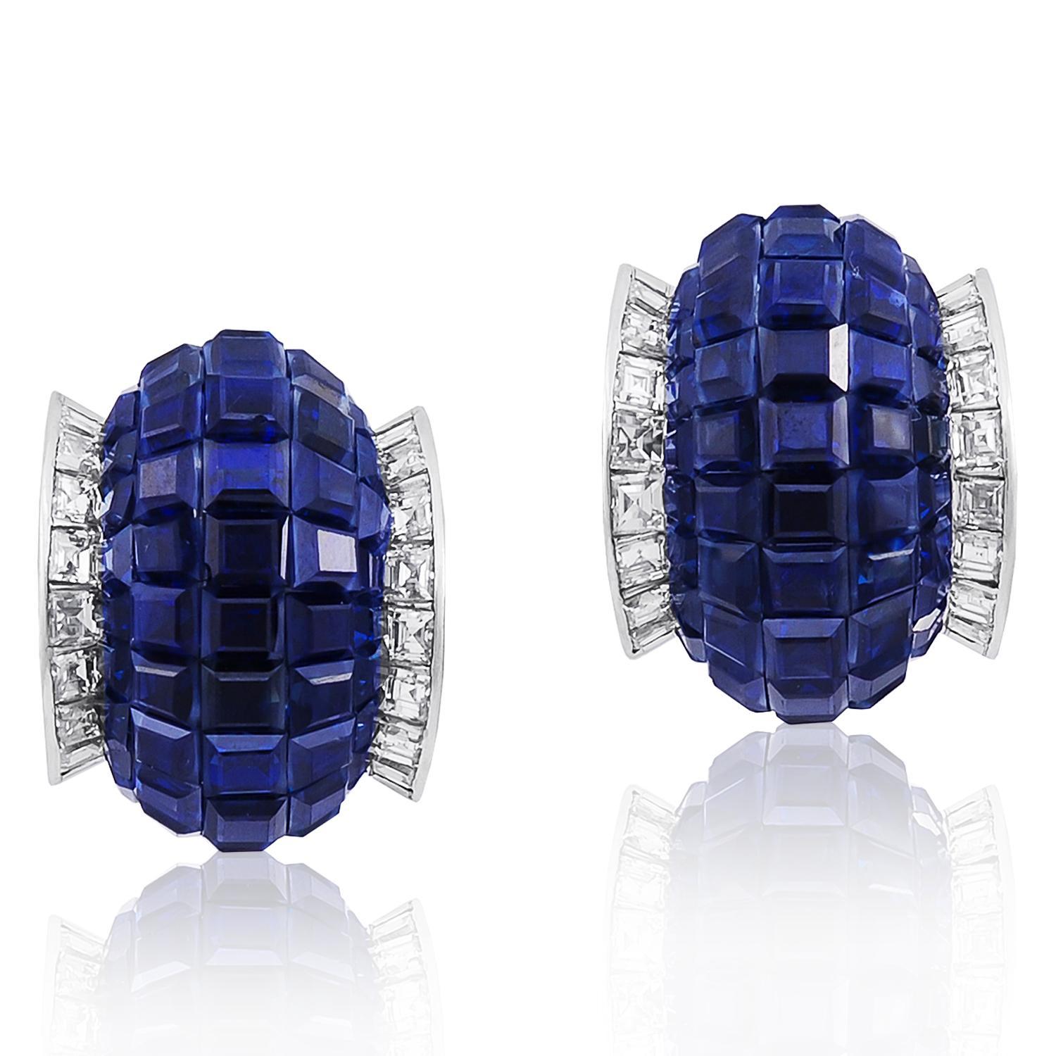 VAN CLEEF & ARPELS Platinum Mystery-Set Sapphire and Diamond Ear Clips