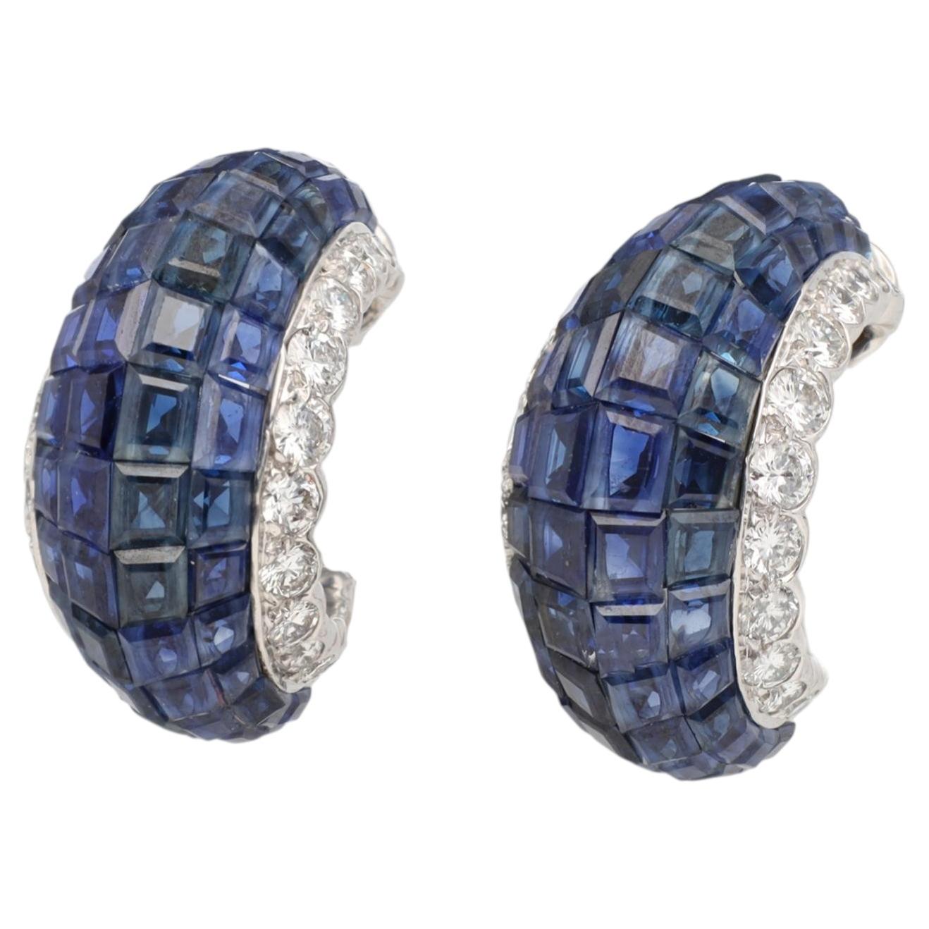 VAN CLEEF & ARPELS Platinum Mystery Set Sapphire and Diamond Hoop Ear Clips