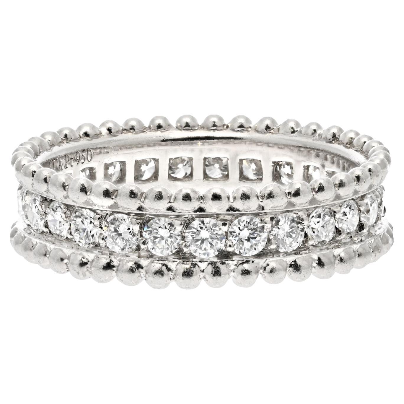 Van Cleef & Arpels Platinum Perlee Diamond Round Cut Row Wedding Band Ring For Sale