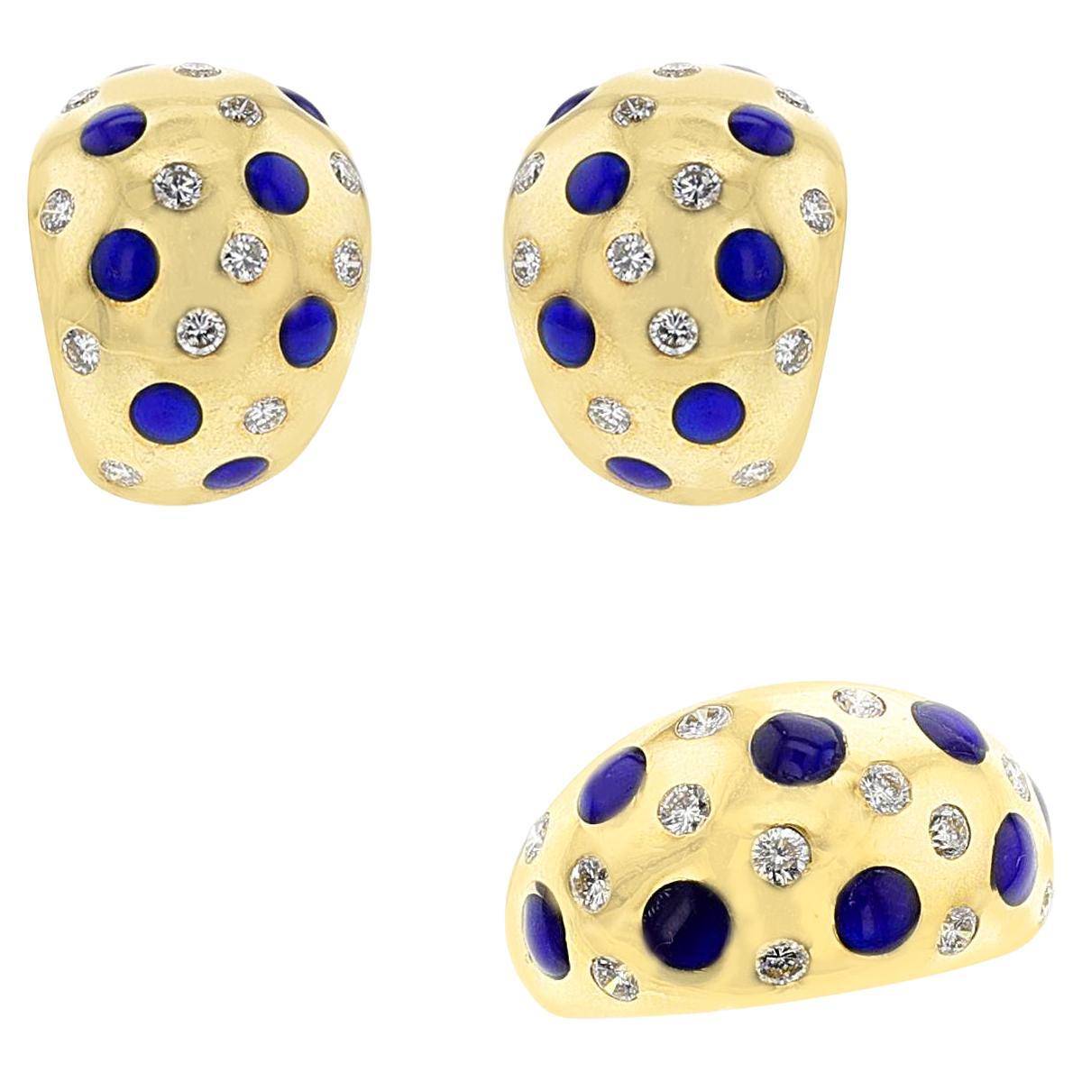 Van Cleef & Arpels Plique a Jour Enamel and Diamond Earring and Ring Set, 18k For Sale