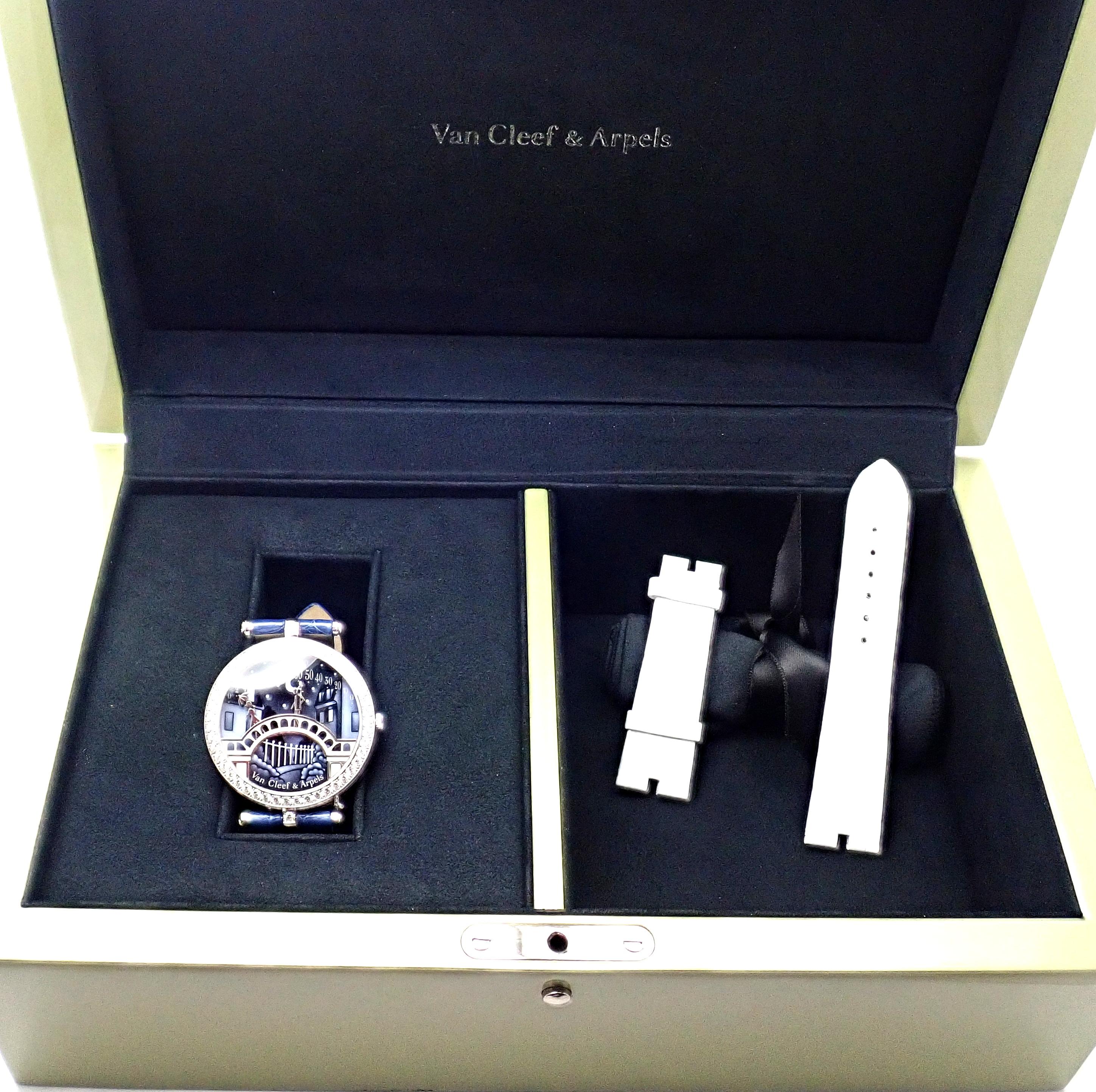 18k White Gold Diamond Limited Edition Pont des Amoureux Wristwatch by Van Cleef & Arpels. 
This watch comes with VCA box and certificate of authenticity.
This is a limited edition watch Number 1317. 
With 122 Round brilliant cut diamonds VVS1