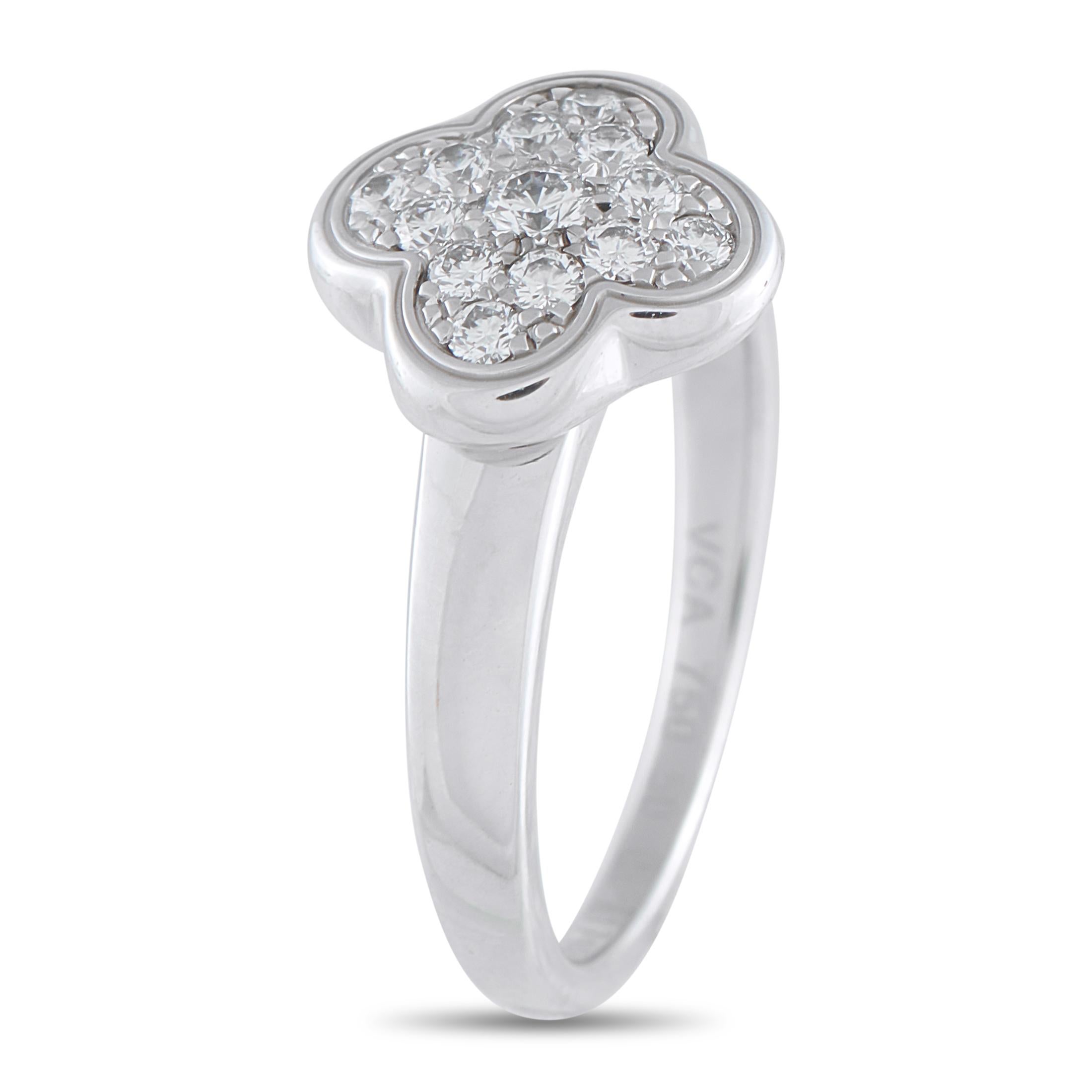 Add a subtle touch of luxury to any ensemble with this Van Cleef & Arpels Pure Alhambra ring. On this exquisite accessory, the brands iconic clover shaped motif radiates light thanks to an array of inset Diamonds. Crafted from 18K White Gold, it