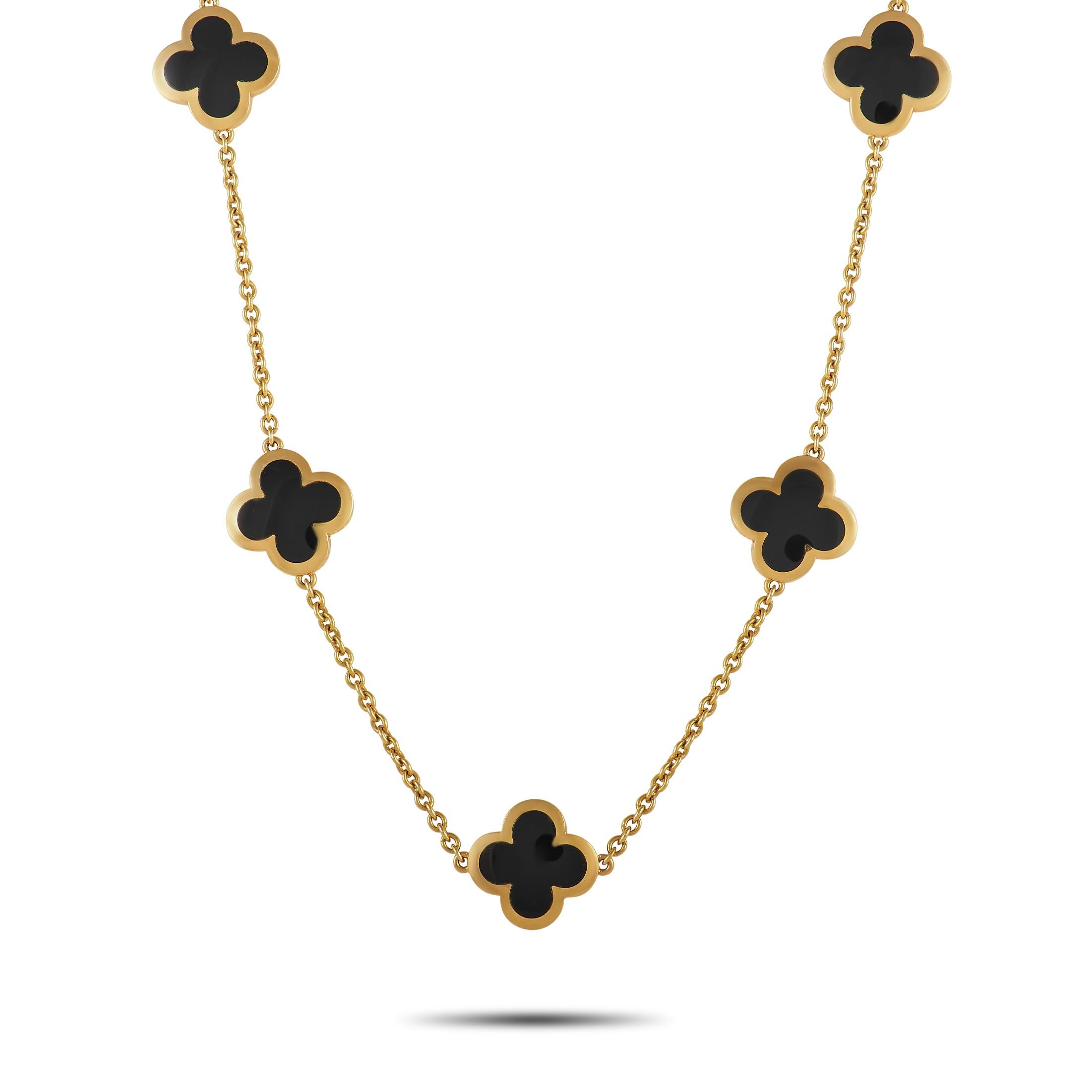 Make any outfit look chic and classy with the addition of this Van Cleef & Arpels Pure Alhambra long necklace. The 31-inch long strand is fashioned from 18K yellow gold and features 14 four-leaf clover Alhambra motifs set with black onyx. A