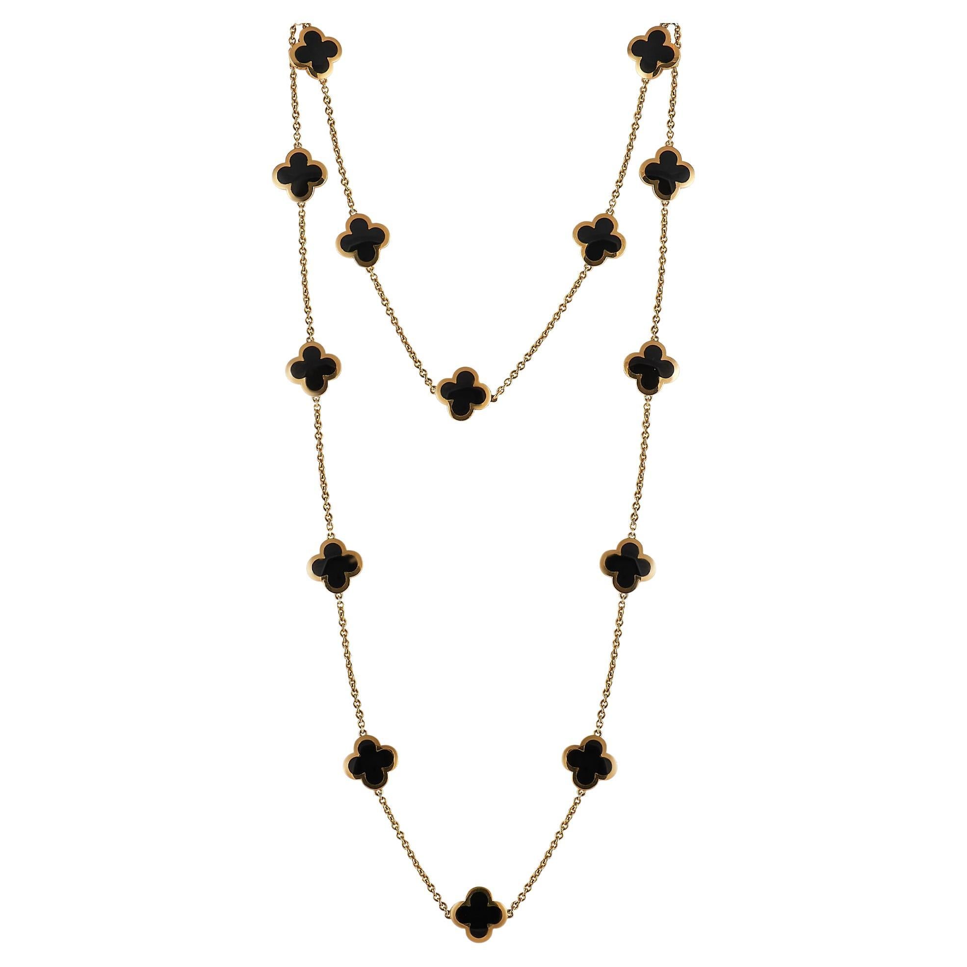 Van Cleef & Arpels Pure Alhambra 18k Yellow Gold and Onyx 14-Motif Long Necklace