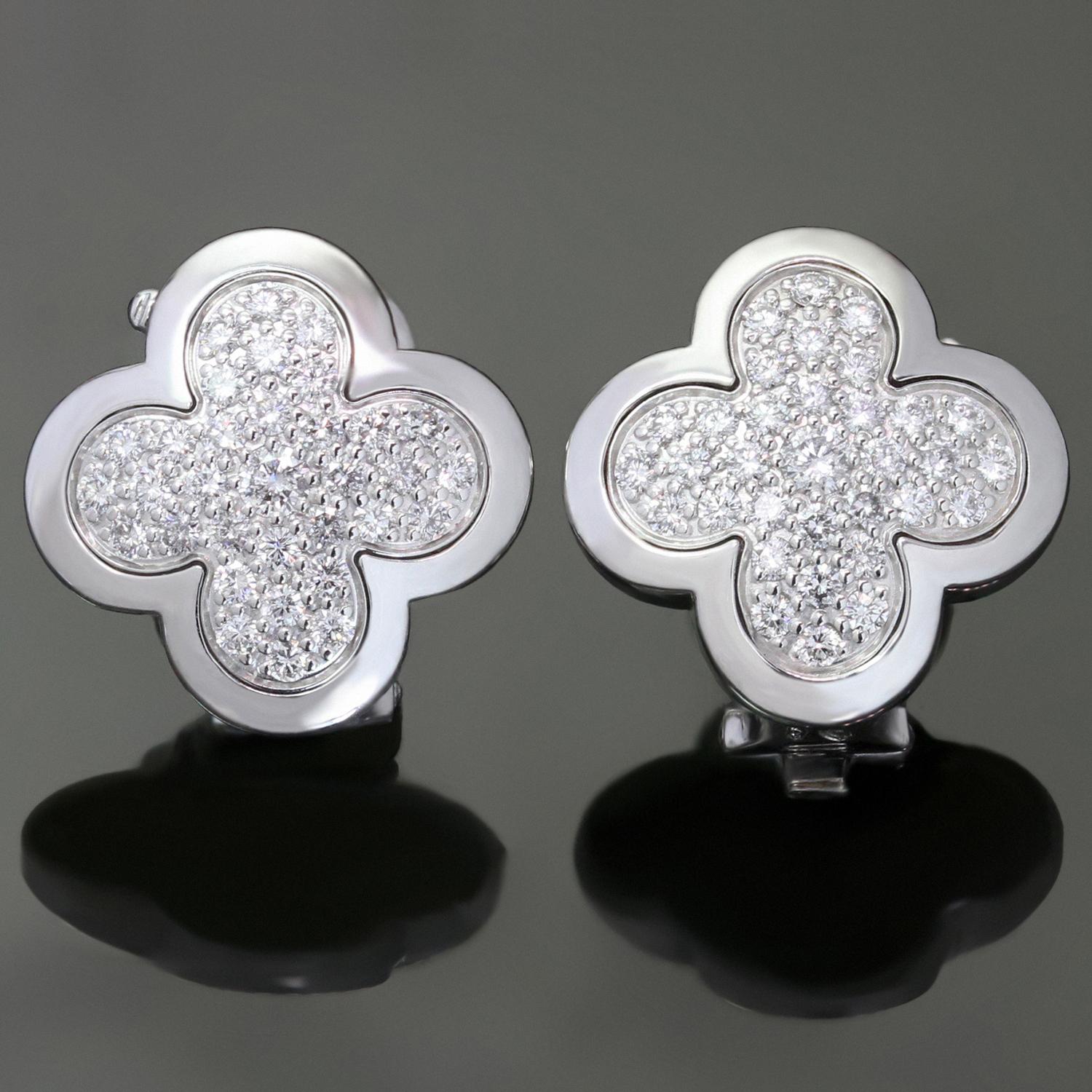 These magnificent Van Cleef & Arpels stud earrings from the Pure Alhambra collection feature the lucky clover motif crafted in 18k white gold and set with brilliant-cut round D-F VVS1-VVS2 diamonds of an estimated 1.65 carats. Made in France circa
