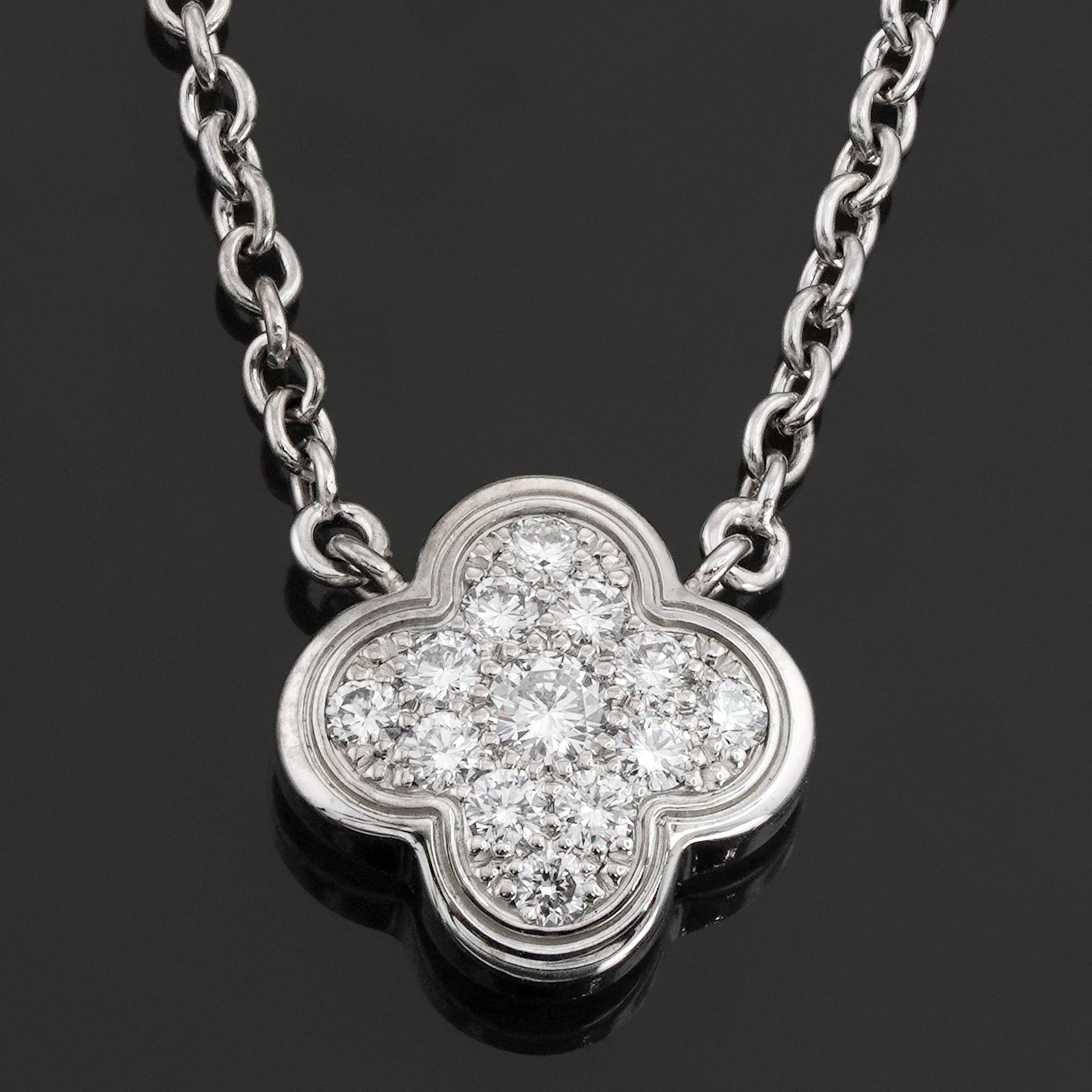 This fabulous Van Cleef & Arpels necklace from the iconic Pure Alhambra collection features the lucky clover pendant crafted in 18k white gold and set with brilliant-cut round diamonds. Completed with an adjustable length chain. Made in France circa
