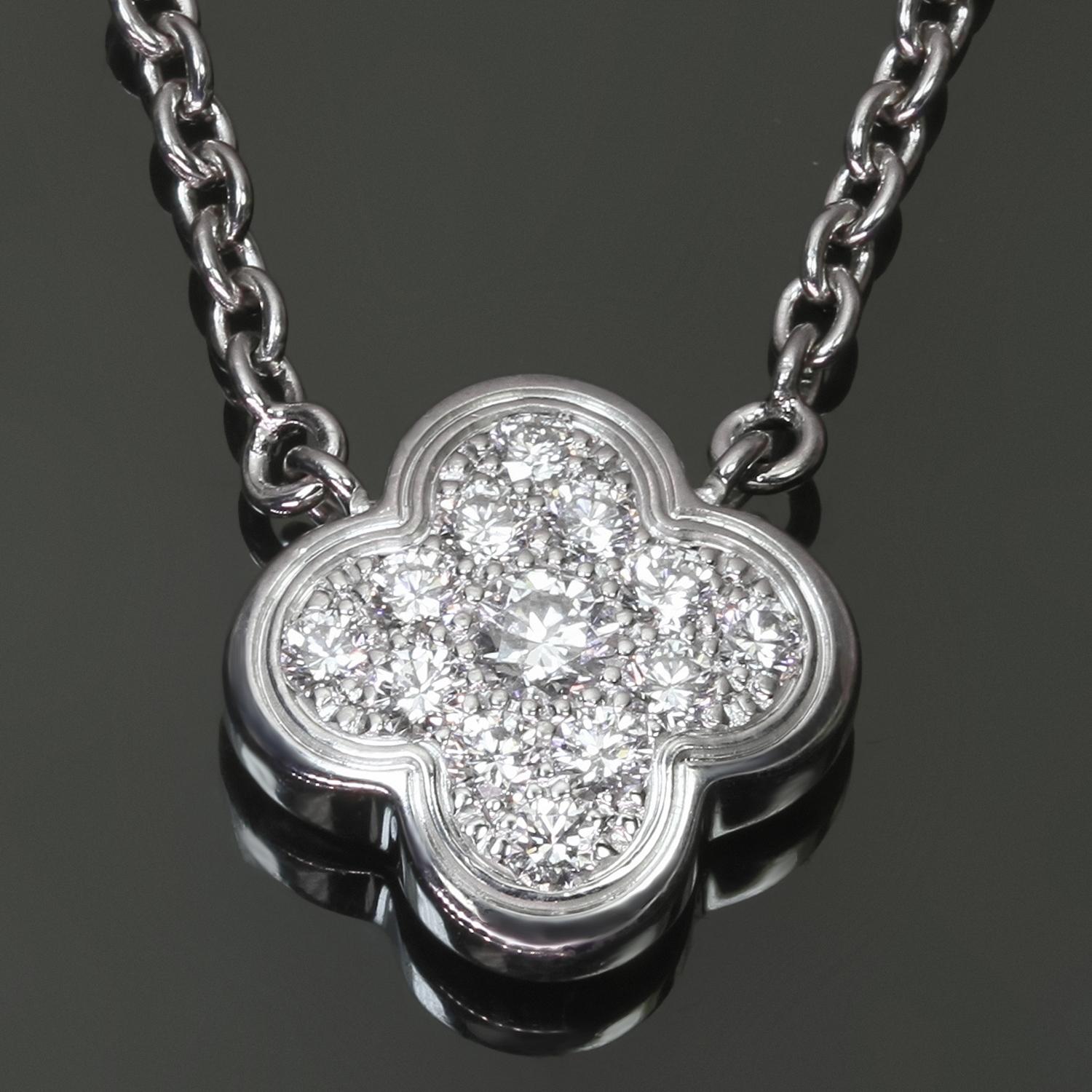 This fabulous Van Cleef & Arpels necklace from the iconic Pure Alhambra collection features the lucky clover pendant crafted in 18k white gold and set with D-E-F VVS1-VVS2 brilliant-cut round diamonds. Completed with an adjustable length chain. Made