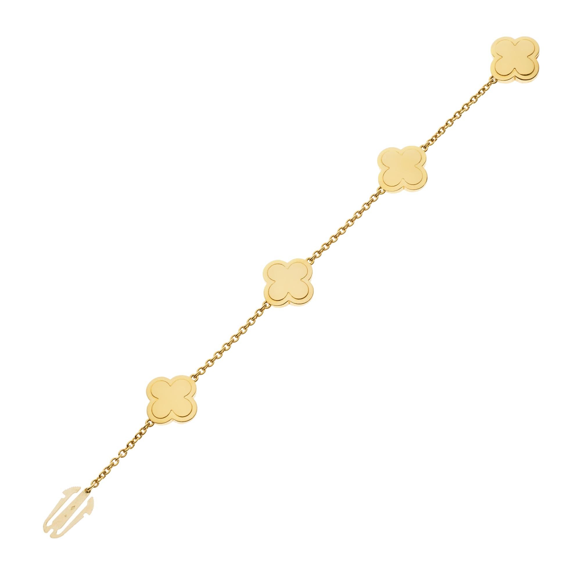 The Van Cleef & Arpels Pure Alhambra Diamond Yellow Gold Bracelet is an epitome of luxurious elegance and timeless design. This exquisite piece is part of the renowned Pure Alhambra collection, which draws inspiration from the Moorish charm of the