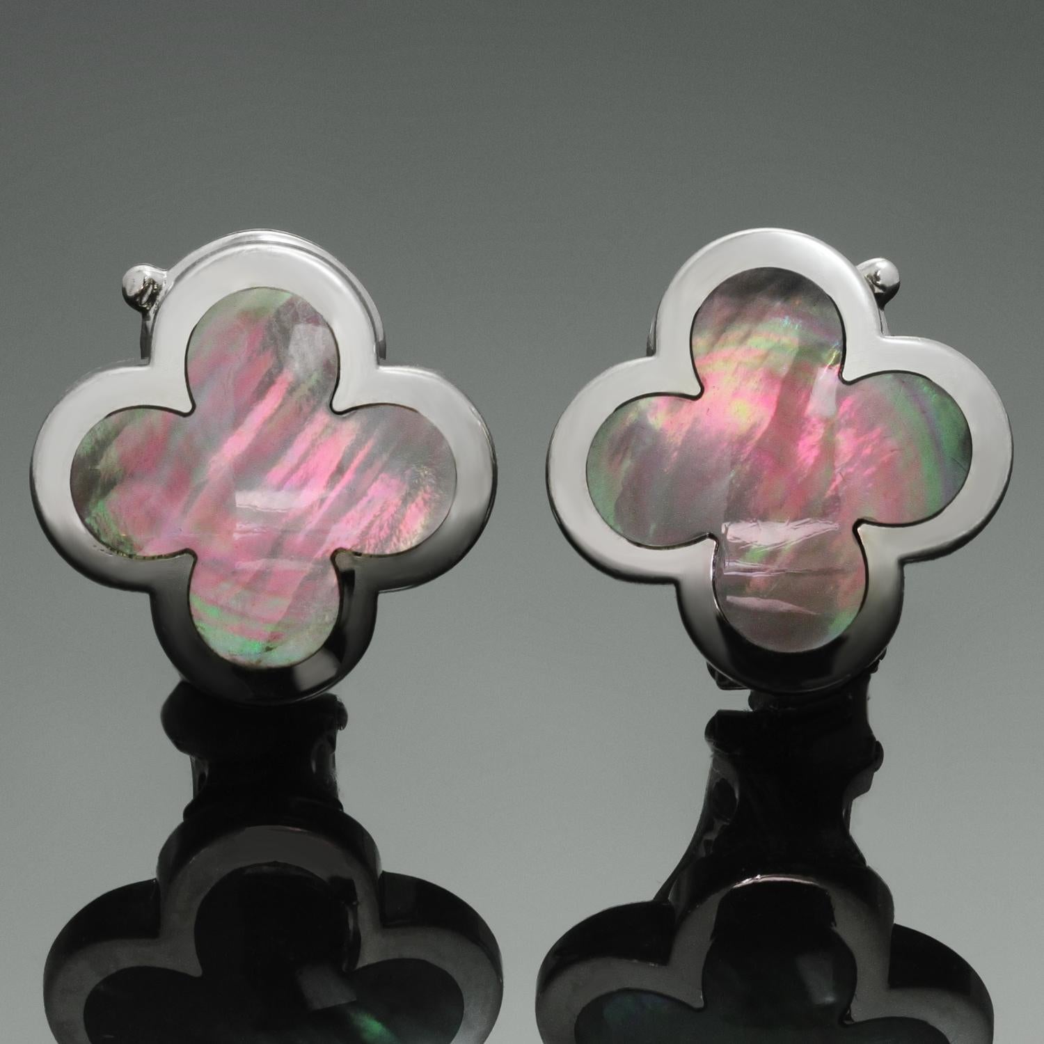 These gorgeous Van Cleef & Arpels clip-on earrings from the iconic Pure Alhambra collection feature a lucky clover design crafted in 18k white gold and inalid with gray mother-of-pearl. Made in France circa 2000s. Made in France circa 2010s.