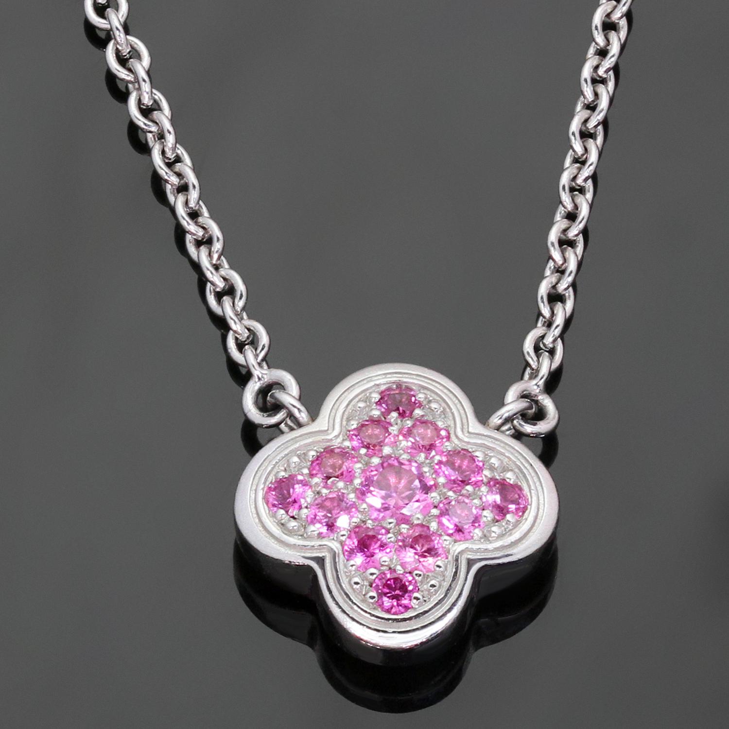 This fabulous limited edition Van Cleef & Arpels necklace from the iconic Pure Alhambra collection features the lucky clover pendant crafted in 18k white gold, set with pink sapphires, and completed with an adjustable length chain. Made in France