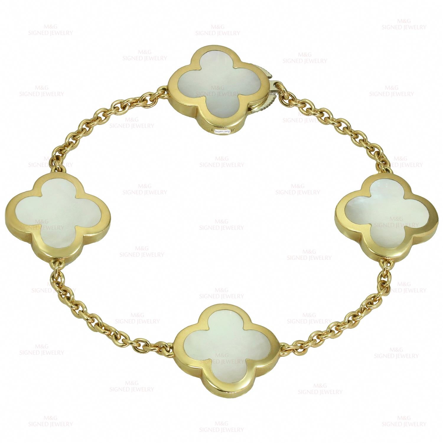 This fabulous Van Cleef & Arpels bracelet from the Pure Alhambra collection is crafted in 18k yellow gold and features 4 lucky clover motifs beautifully inlaid with mother-of-pearl. Completed with invisible clasp. Made in France circa 2017.