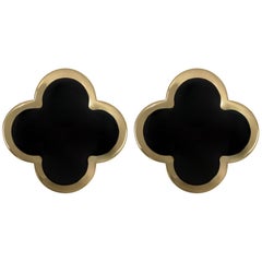 Van Cleef & Arpels Pure Alhambra Onyx Flower 18k Yellow Gold Stud Earrings