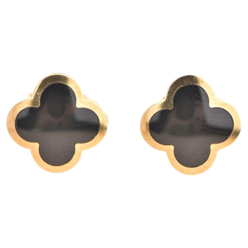 Van Cleef & Arpels Pure Alhambra Onyx Yellow Gold Stud Earrings For Sale